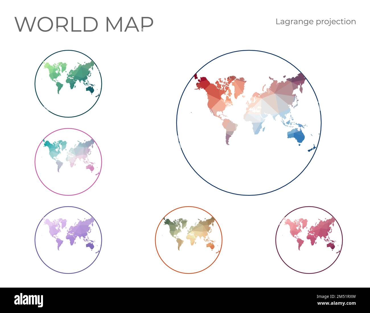 Low Poly World Map Set. Lagrange conformal projection. Collection of the world maps in geometric style. Vector illustration. Stock Vector