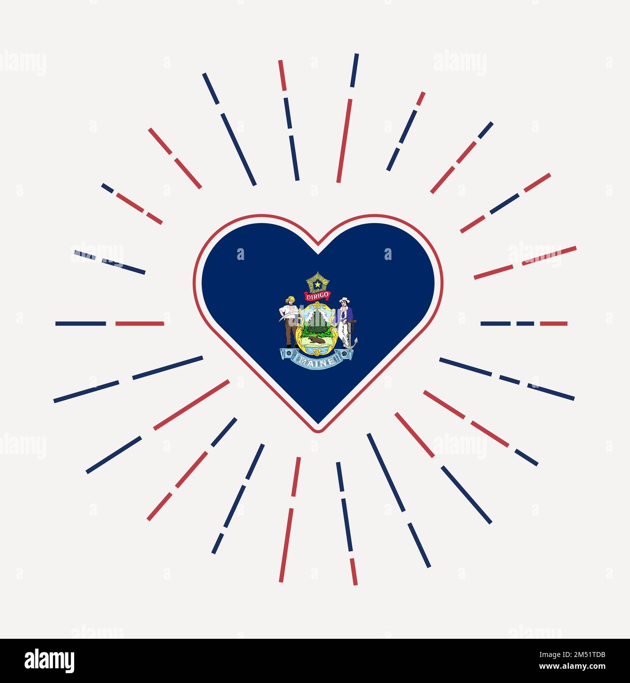 Maine heart with flag of the us state. Sunburst around Maine heart sign