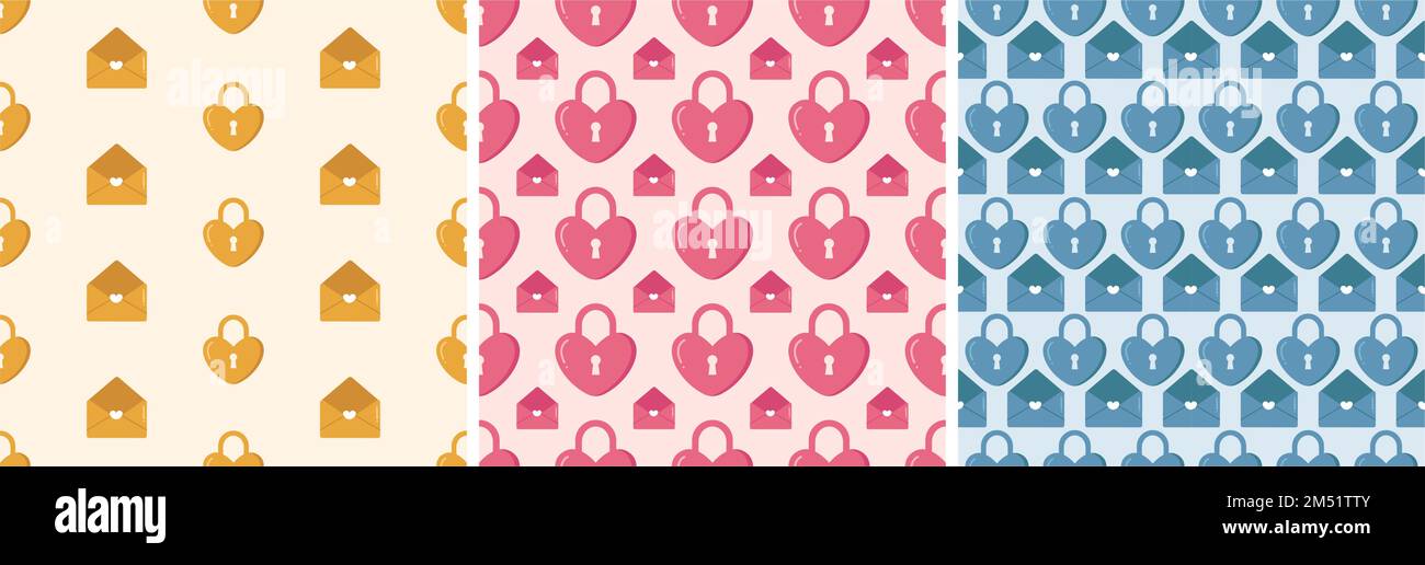 Set of Happy Valentine's Day Seamless Pattern Design with Decoration in ...