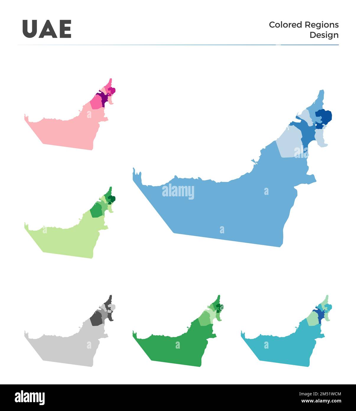 UAE map collection. Borders of UAE for your infographic. Colored country regions. Vector illustration. Stock Vector
