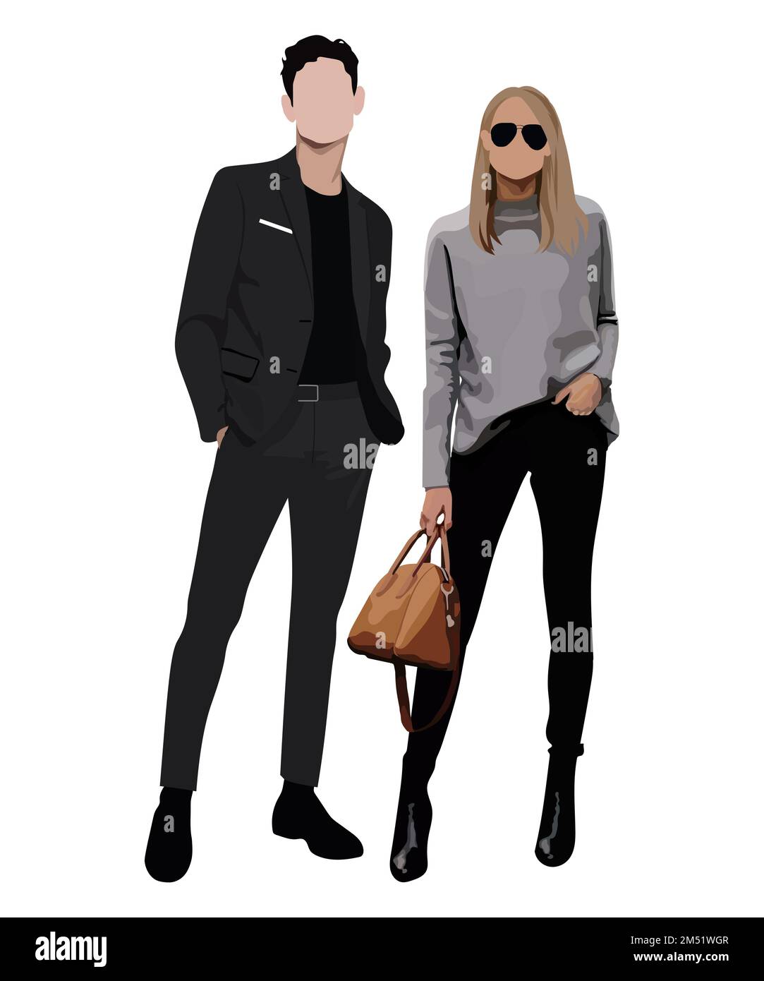 Stylish young couple in beautiful and fashionable clothes in flat style ...