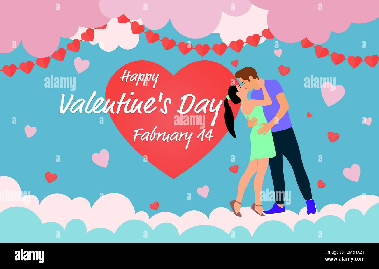 happy valentines day flat background with embracing and kissing couple ...