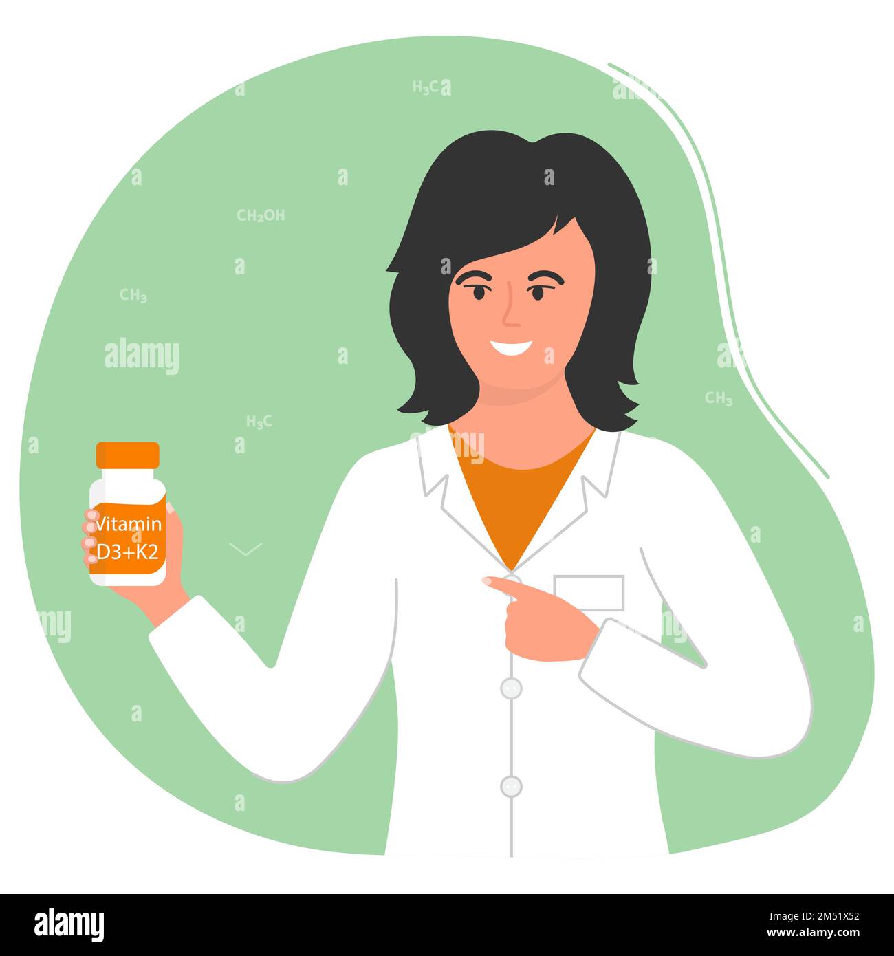 Vector illustration Nutritionist holds bottle of vitamin D and