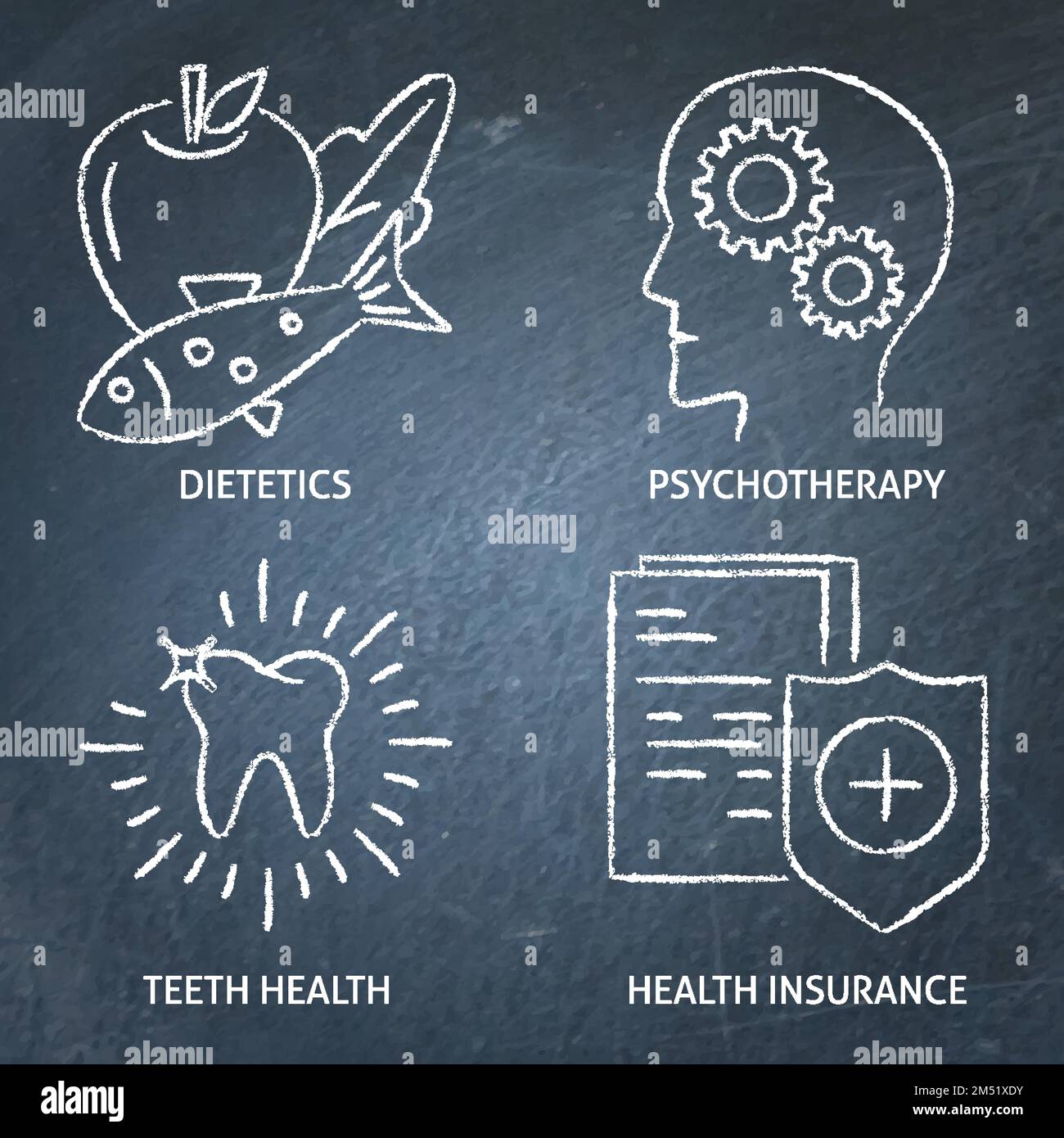 Healthcare and medicine chalkboard icon set. Psychotherapy, dietetics