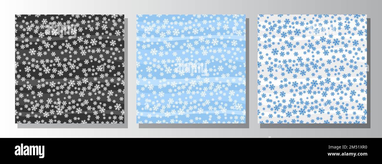 Vector Snow Seamless Patterns, set of three repeating backgrounds with illustration of falling snow on 3 various abstract background, winter snow weat Stock Vector