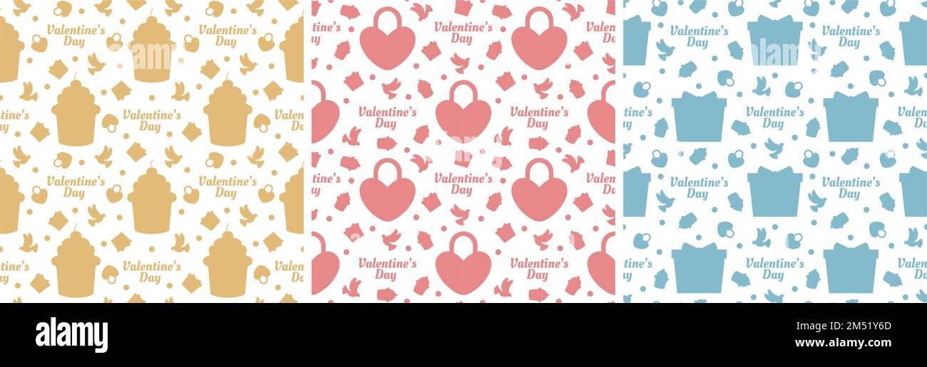 Set of Happy Valentine's Day Seamless Pattern Design with Decoration in ...
