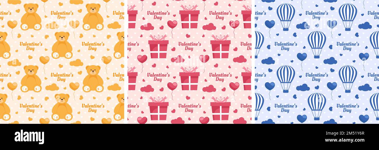 Set of Happy Valentine's Day Seamless Pattern Design with Decoration in ...