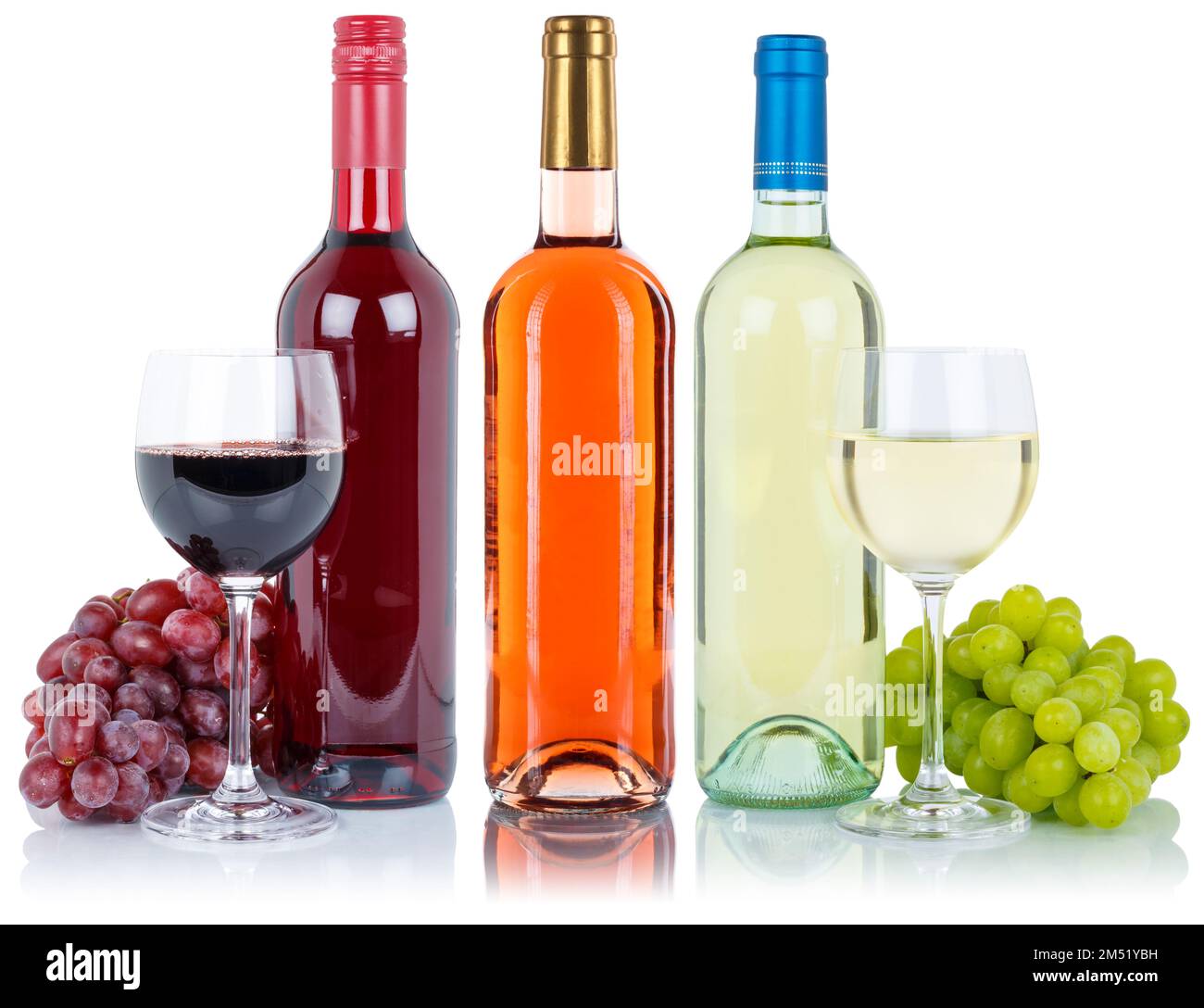 Wine tasting bottle red and white rose grapes isolated on a white