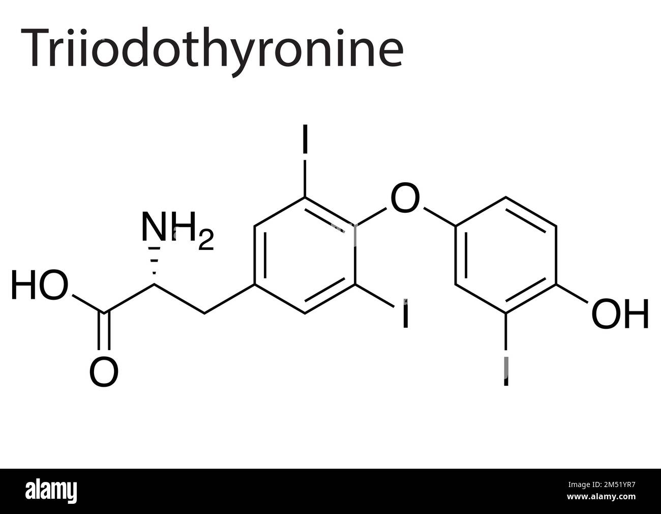 A Chemical formula structure of triiodothyronine on white background