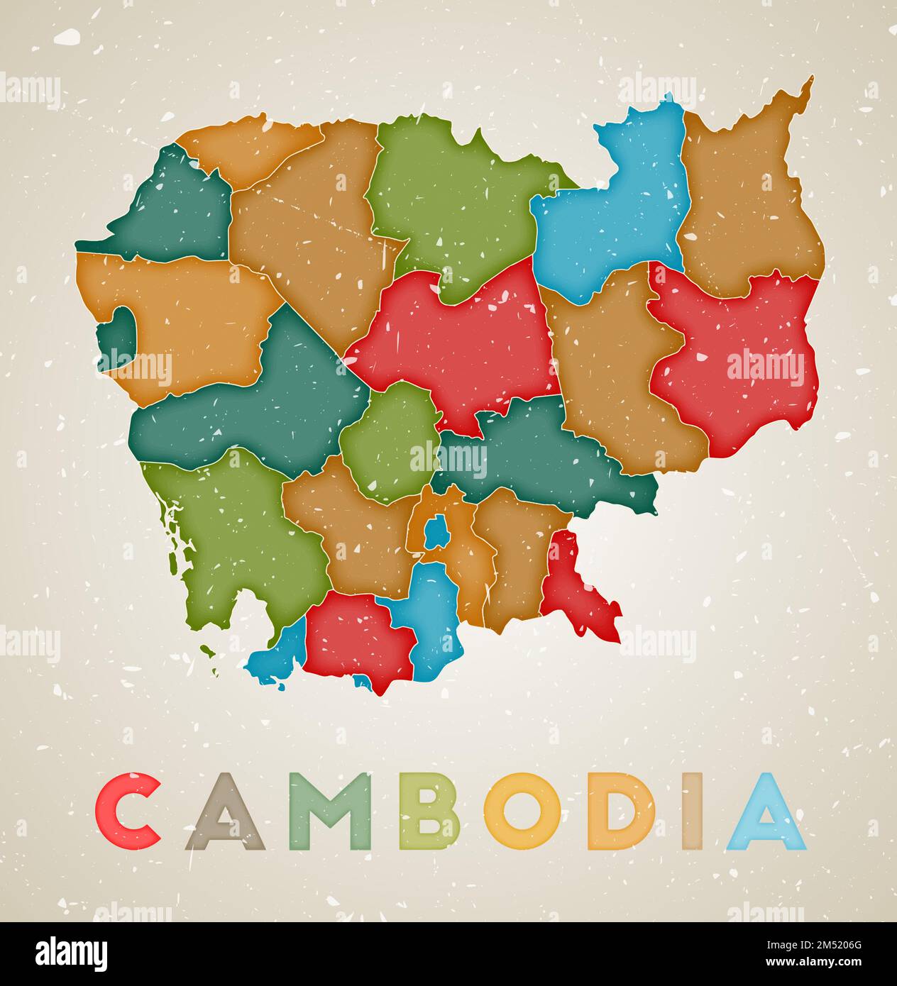 Cambodia map. Country poster with colored regions. Old grunge texture
