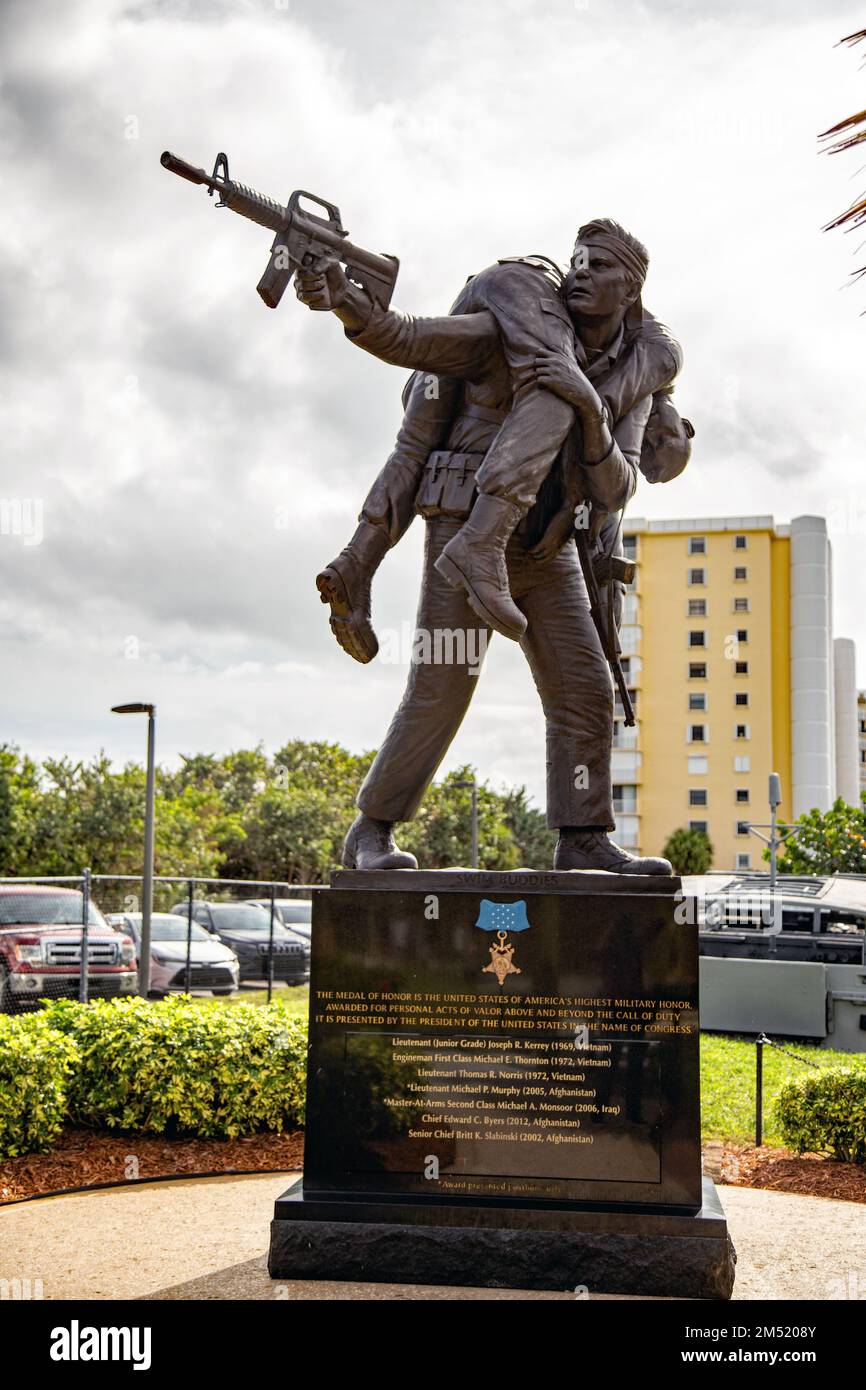 Depicts the actions of Medal of Honor recipient, Michael Thornton, carrying wounded Medal of Honor recipient, Tom Norris, off the battlefield Stock Photo