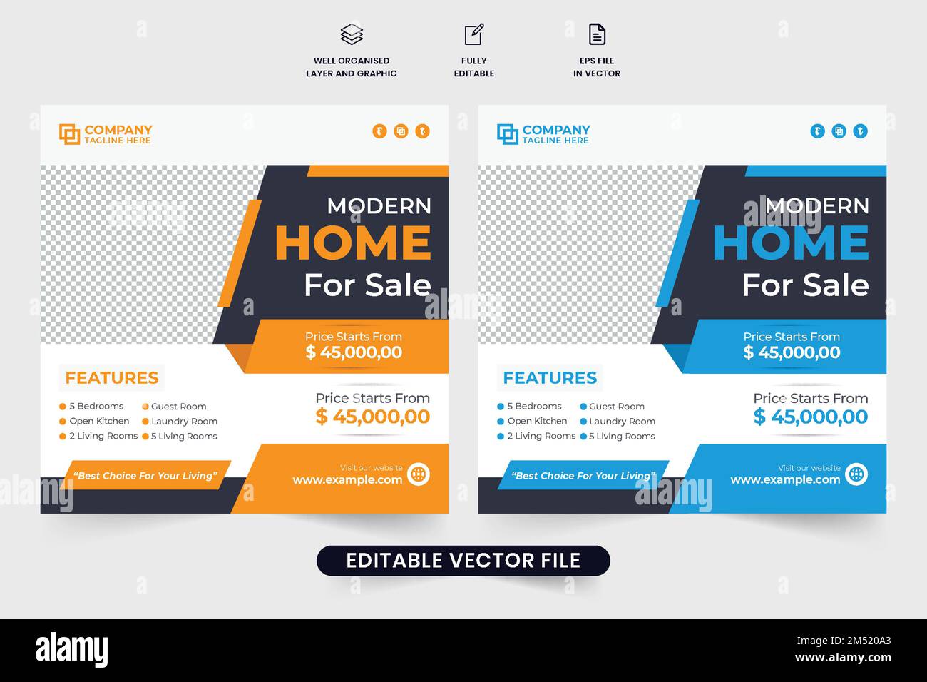 Property management agency poster design with yellow and blue colors shapes. Home sale social