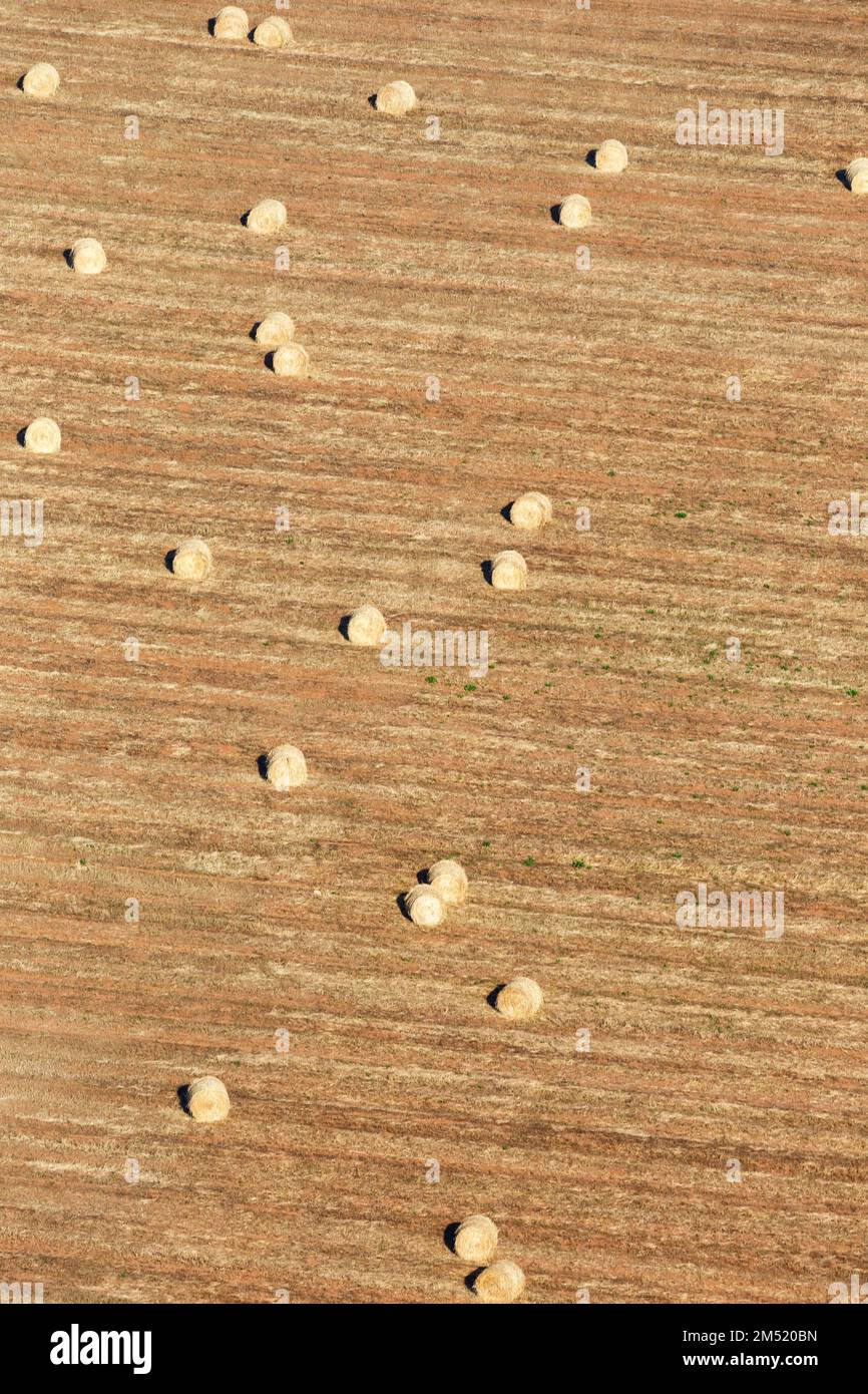 Truss of straw bale harvest harvesting field agriculture portrait format farming autumn fall aerial photo photography Stock Photo