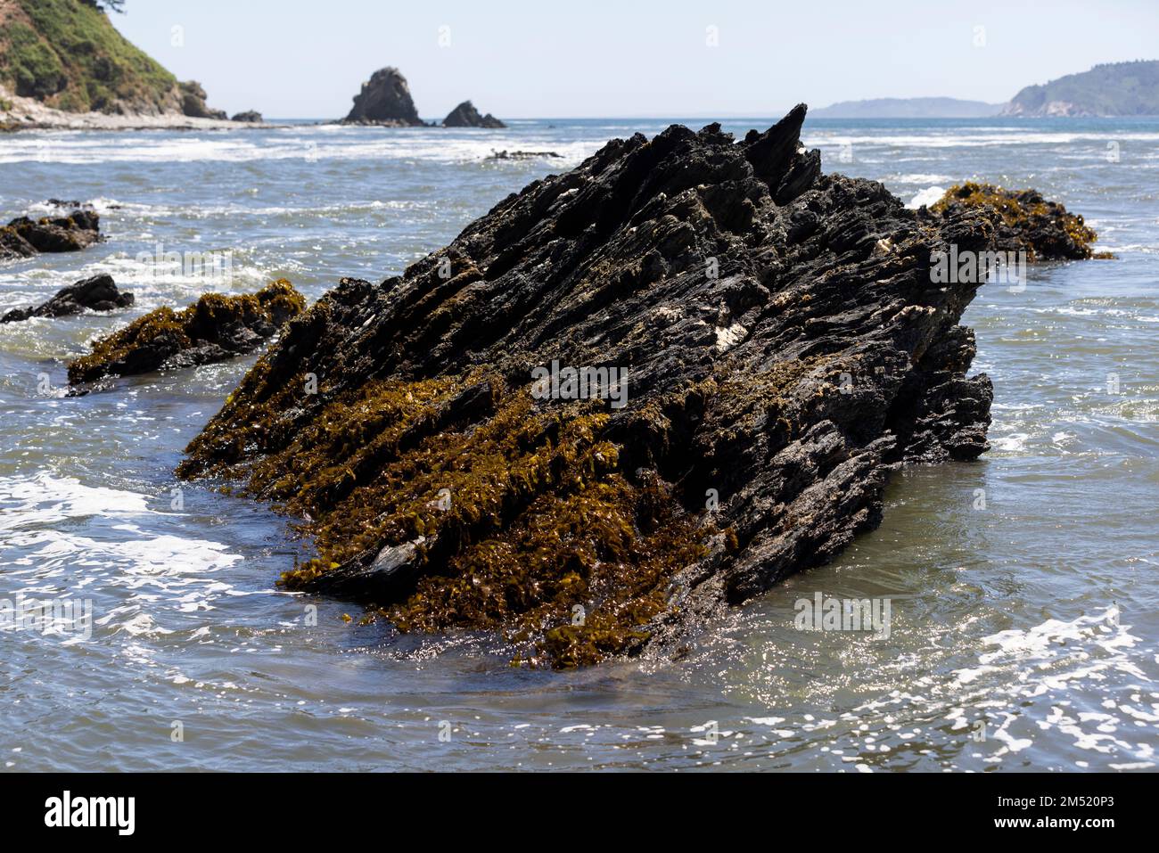 serrated rocks at Isla Maiquillahue in the Pacific Ocean of Chile Stock ...
