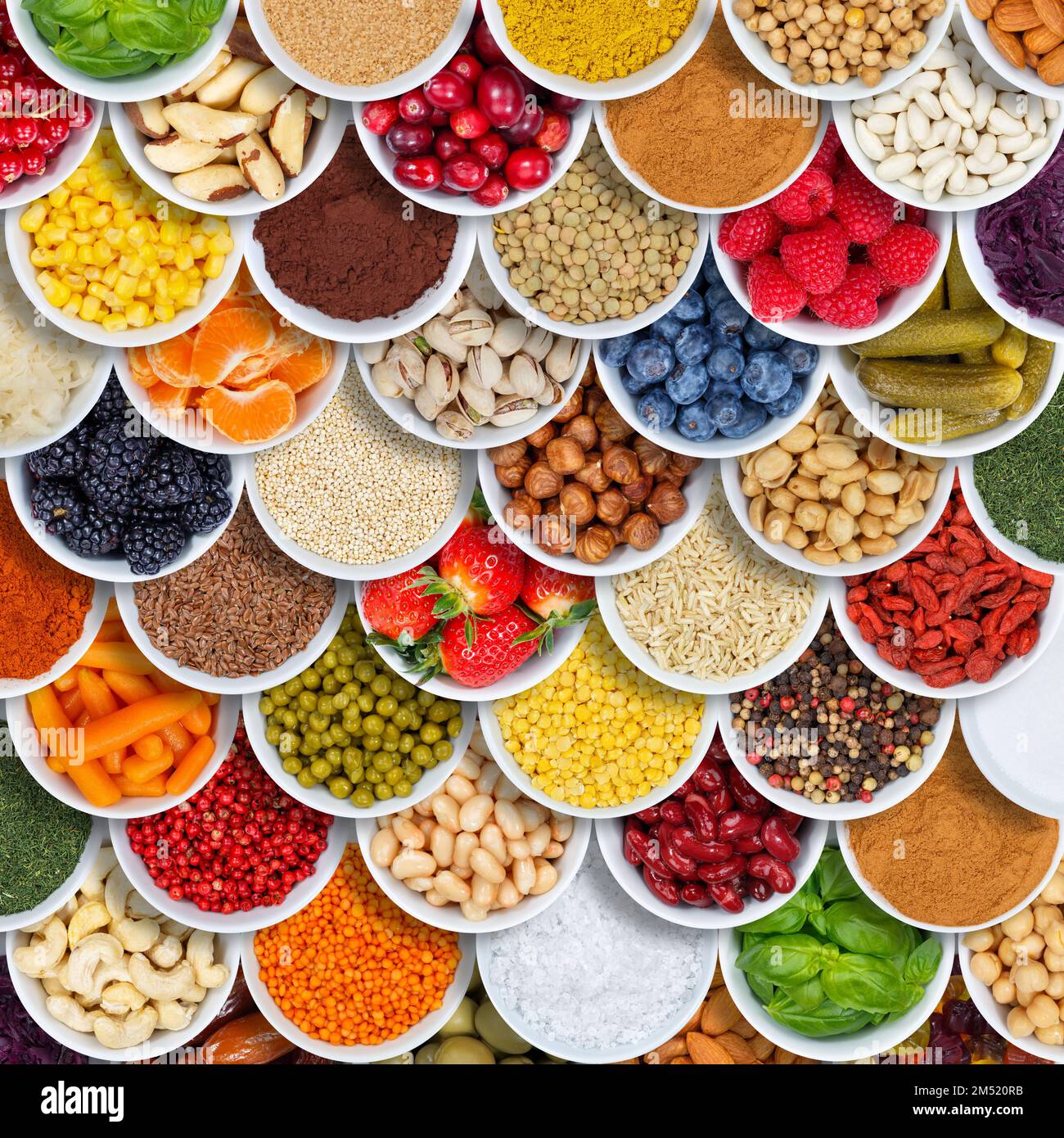 Fruits and vegetables food background spices ingredients square berries from above fruit Stock Photo