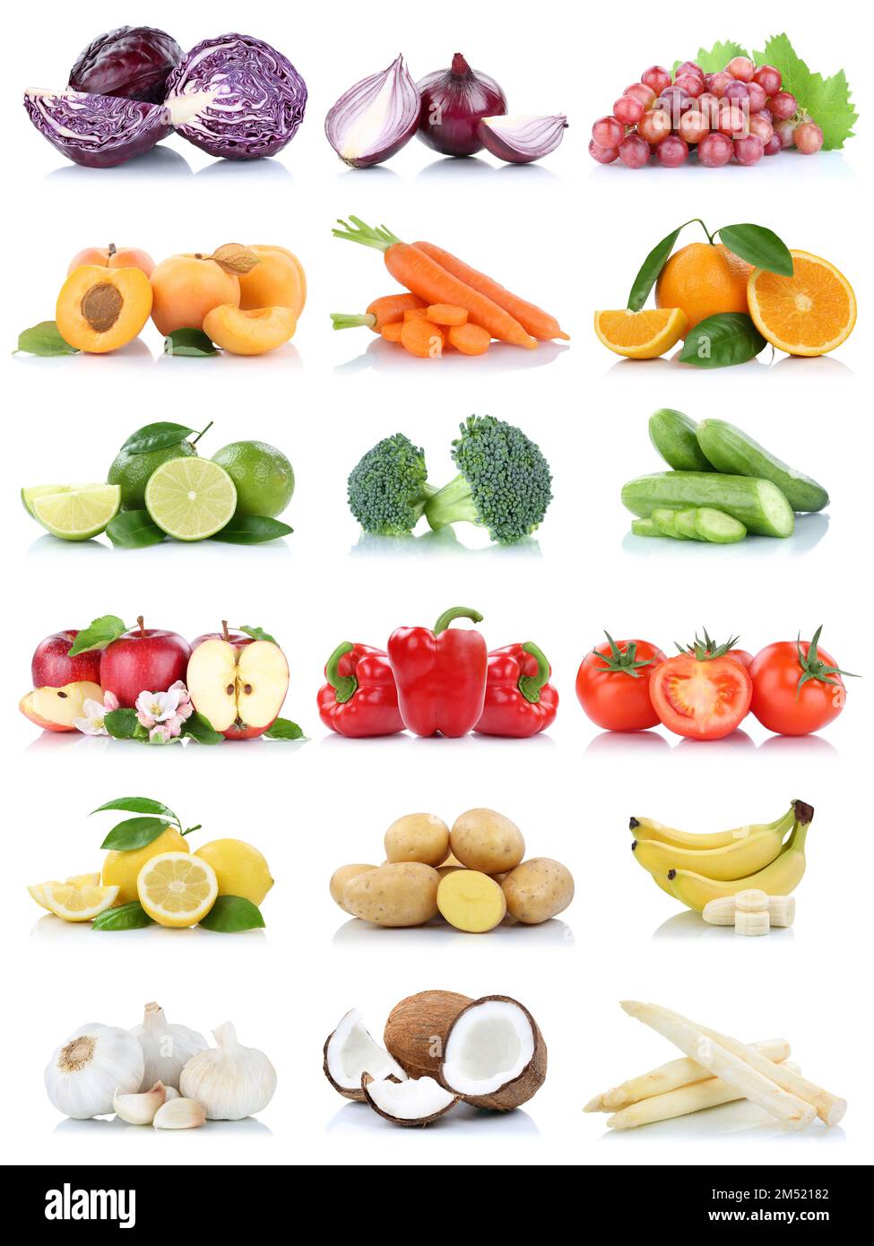 Fruits and vegetables collection isolated apple tomatoes orange garlic banana colors fresh fruit on a white background Stock Photo