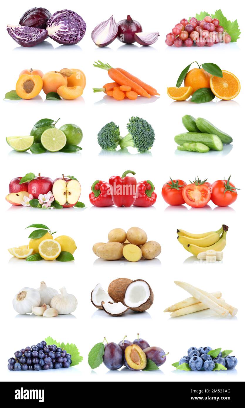 Fruits and vegetables collection isolated apple tomatoes orange blueberries banana colors fresh fruit on a white background Stock Photo