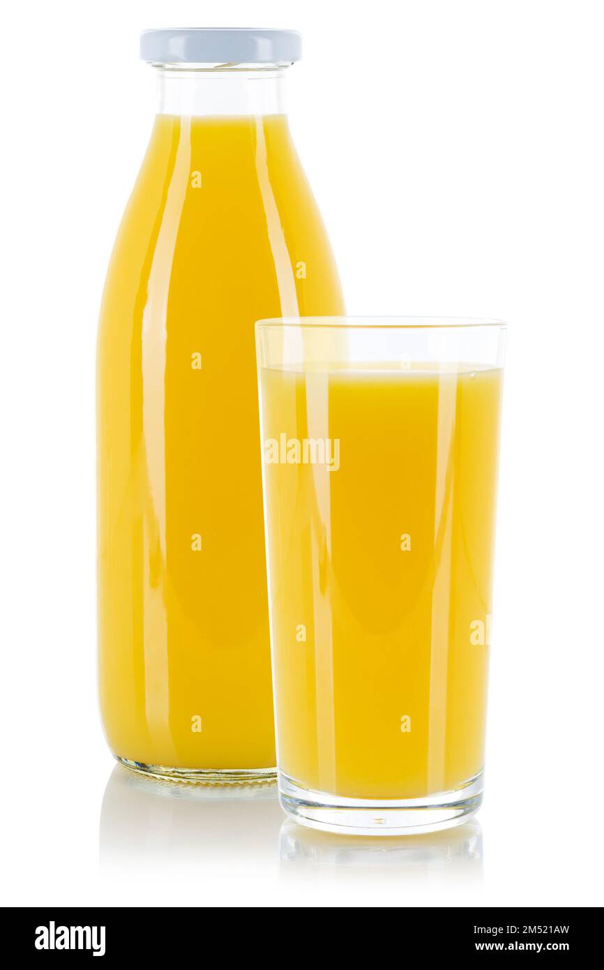 Orange juice glass and bottle isolated on a white background Stock Photo