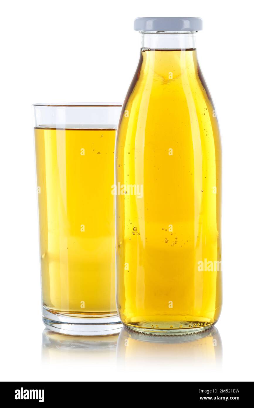 Apple juice fresh glass bottle isolated on a white background Stock Photo
