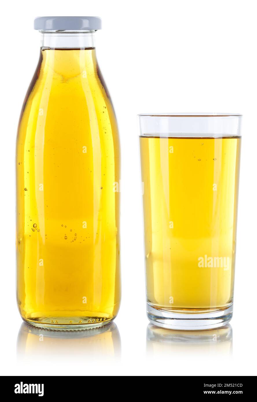 Apple juice in a bottle and glass isolated on a white background Stock Photo