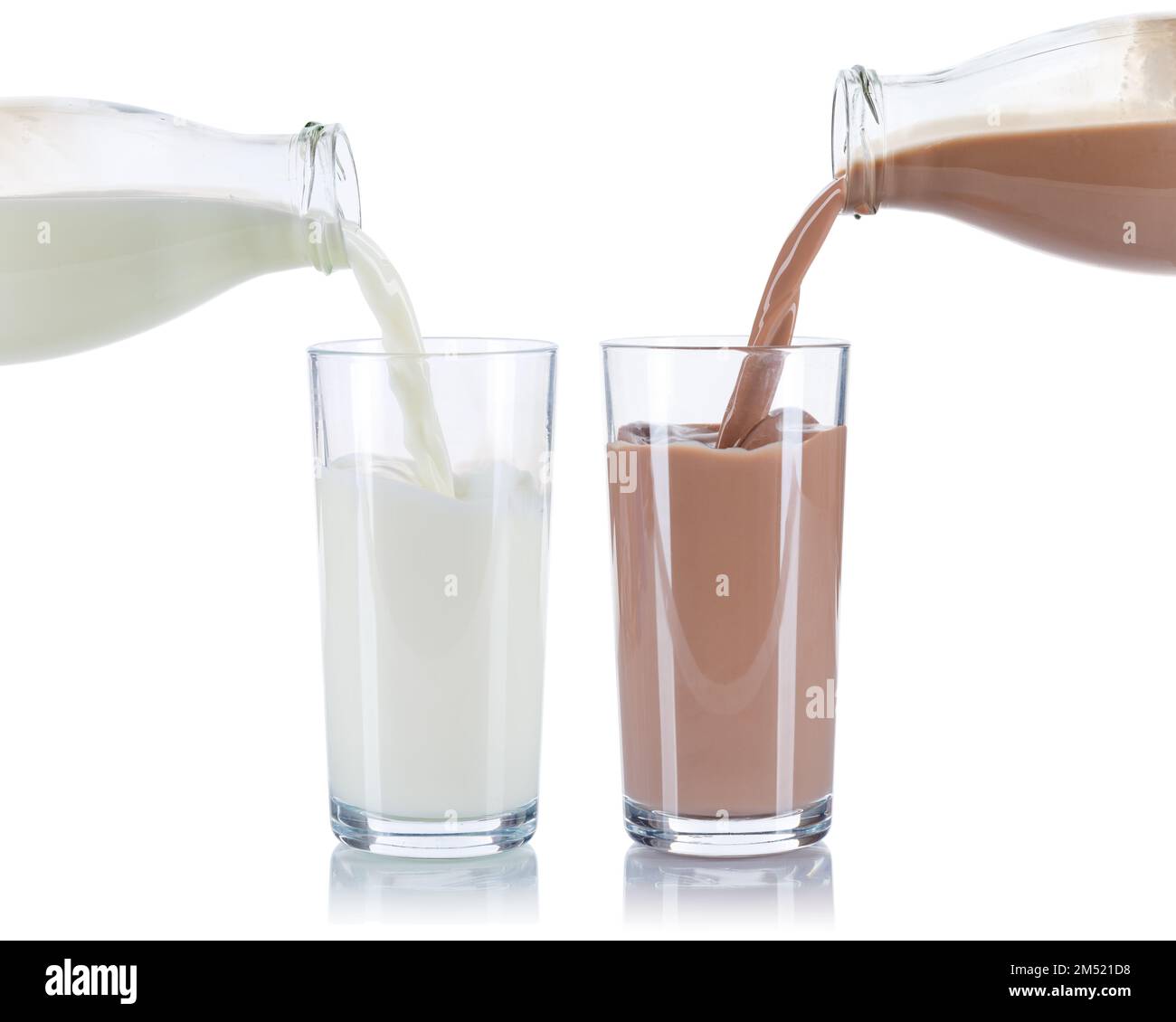 Milk and chocolate drink pouring pour glass bottle isolated on a white background Stock Photo