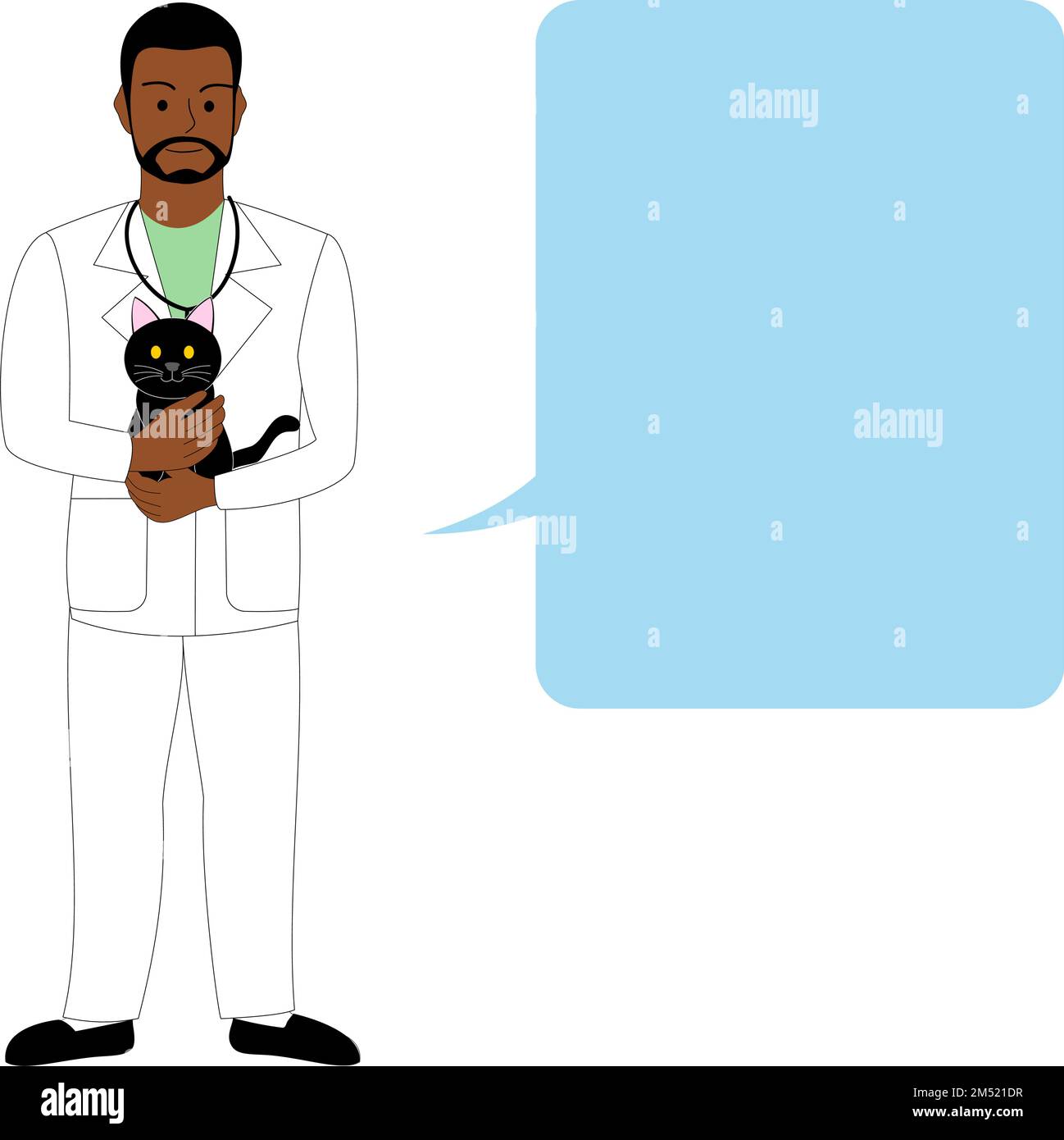 A young black doctor, veterinarian holding a black cat, white
