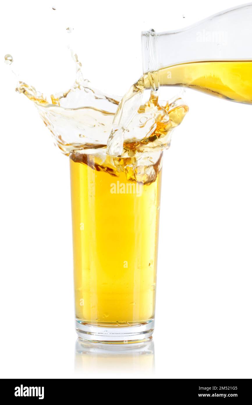 Apple juice pouring pour splash splashing glass bottle isolated on a white background Stock Photo
