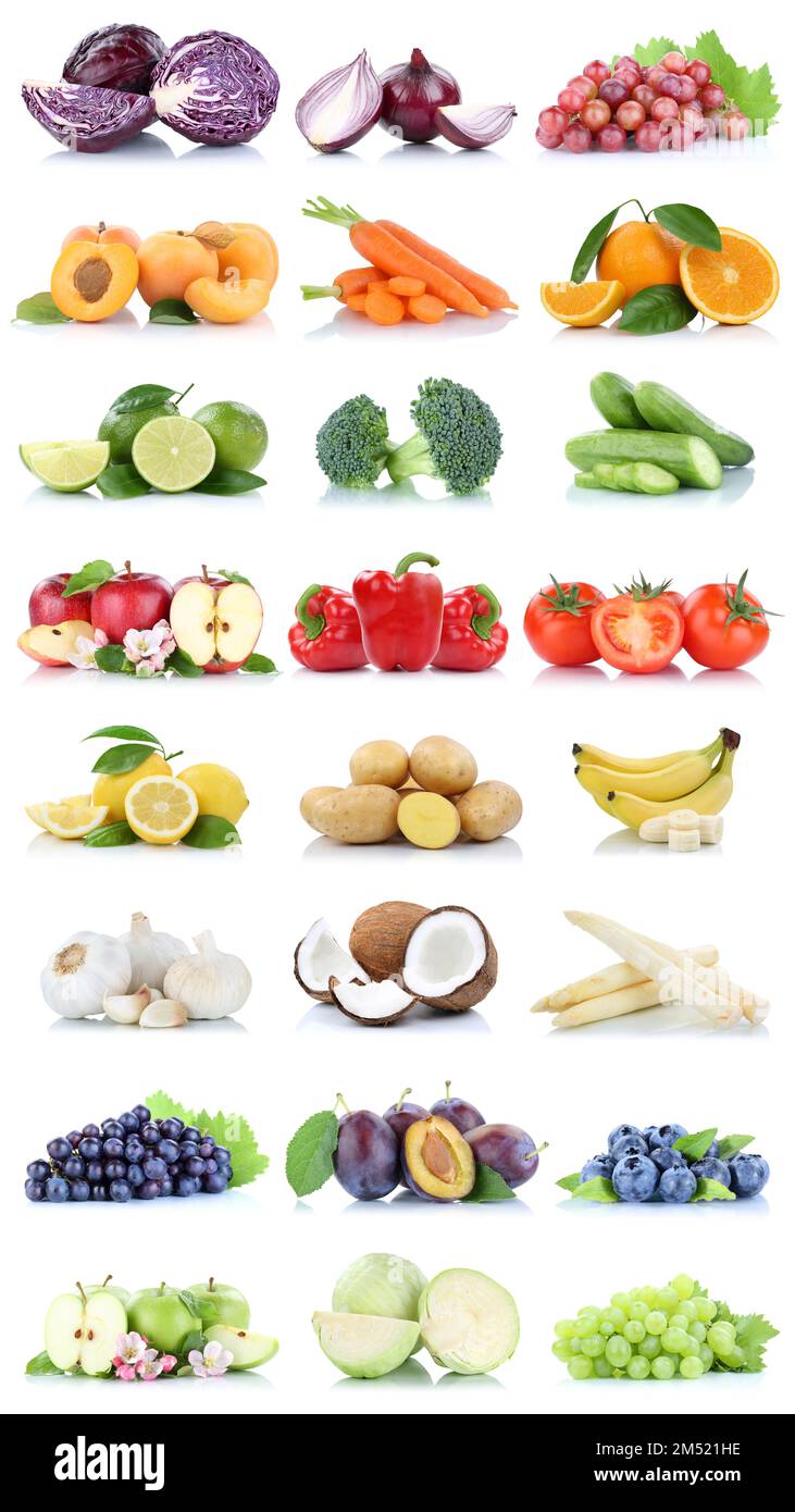 Fruits and vegetables collection isolated apple tomatoes orange blueberries cabbage colors fresh fruit on a white background Stock Photo