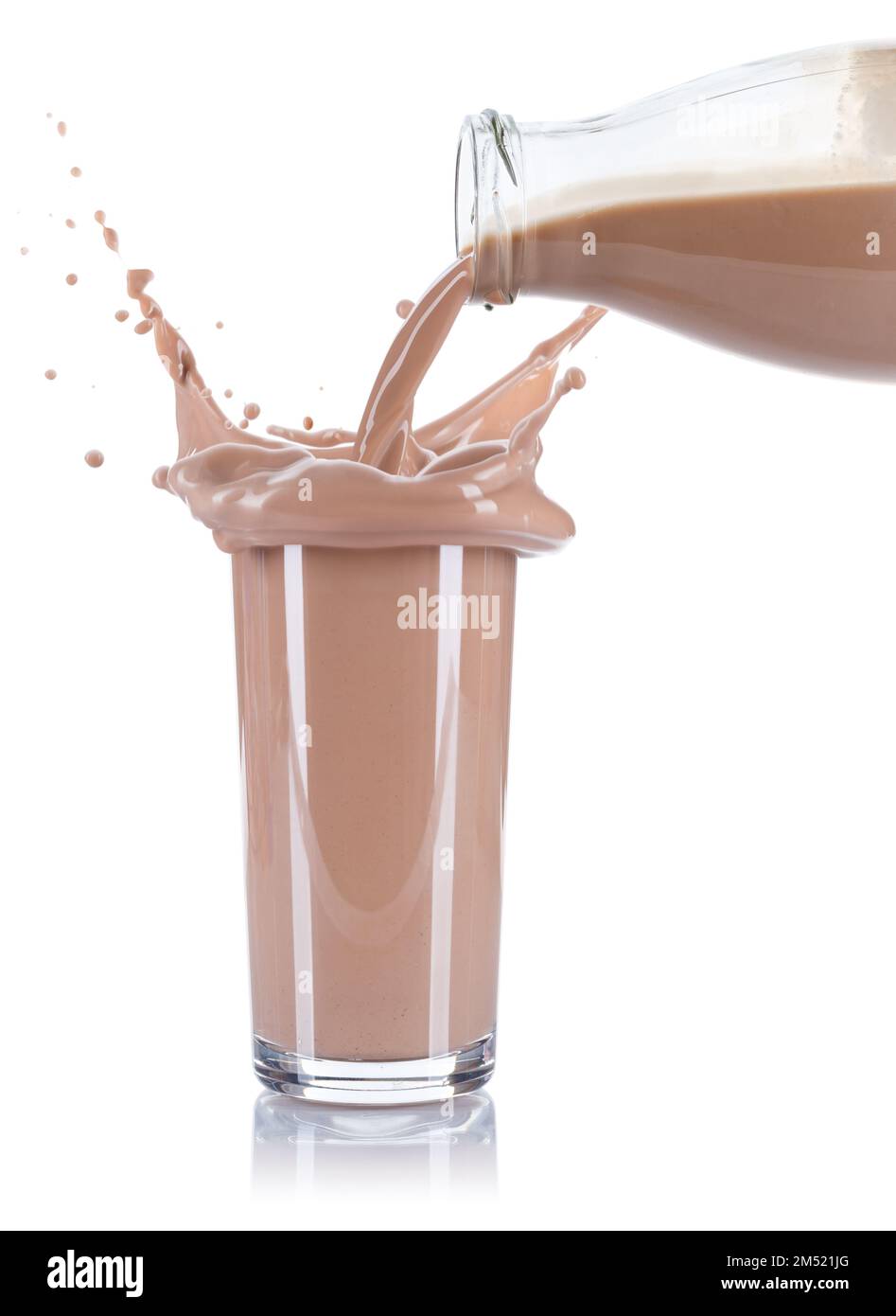 Chocolate drink milk pouring pour splash splashing glass bottle isolated on a white background Stock Photo