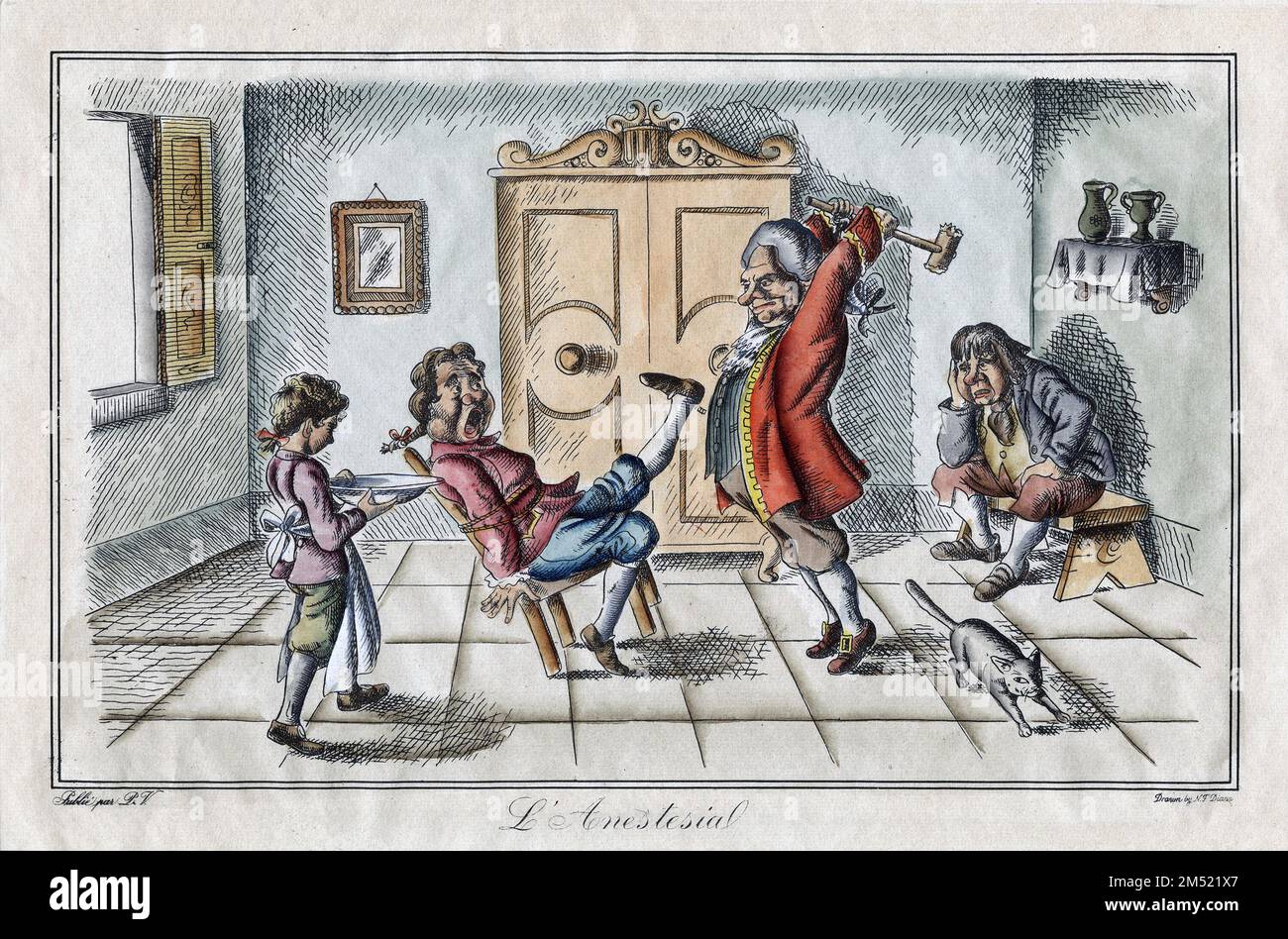 A dentist prepares his patient for a “painless” extraction with the help of a club in this comic illustration. Italian etching (possibly a reprint of an 18th century original). Stock Photo