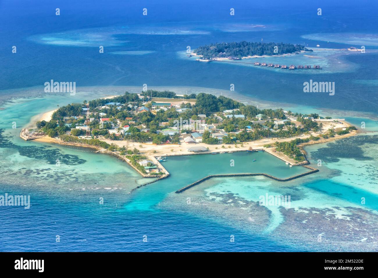 Maldives islands vacation paradise Bodufolhudhoo and Nika Island sea Ari Atoll aerial photo tourism Stock Photo