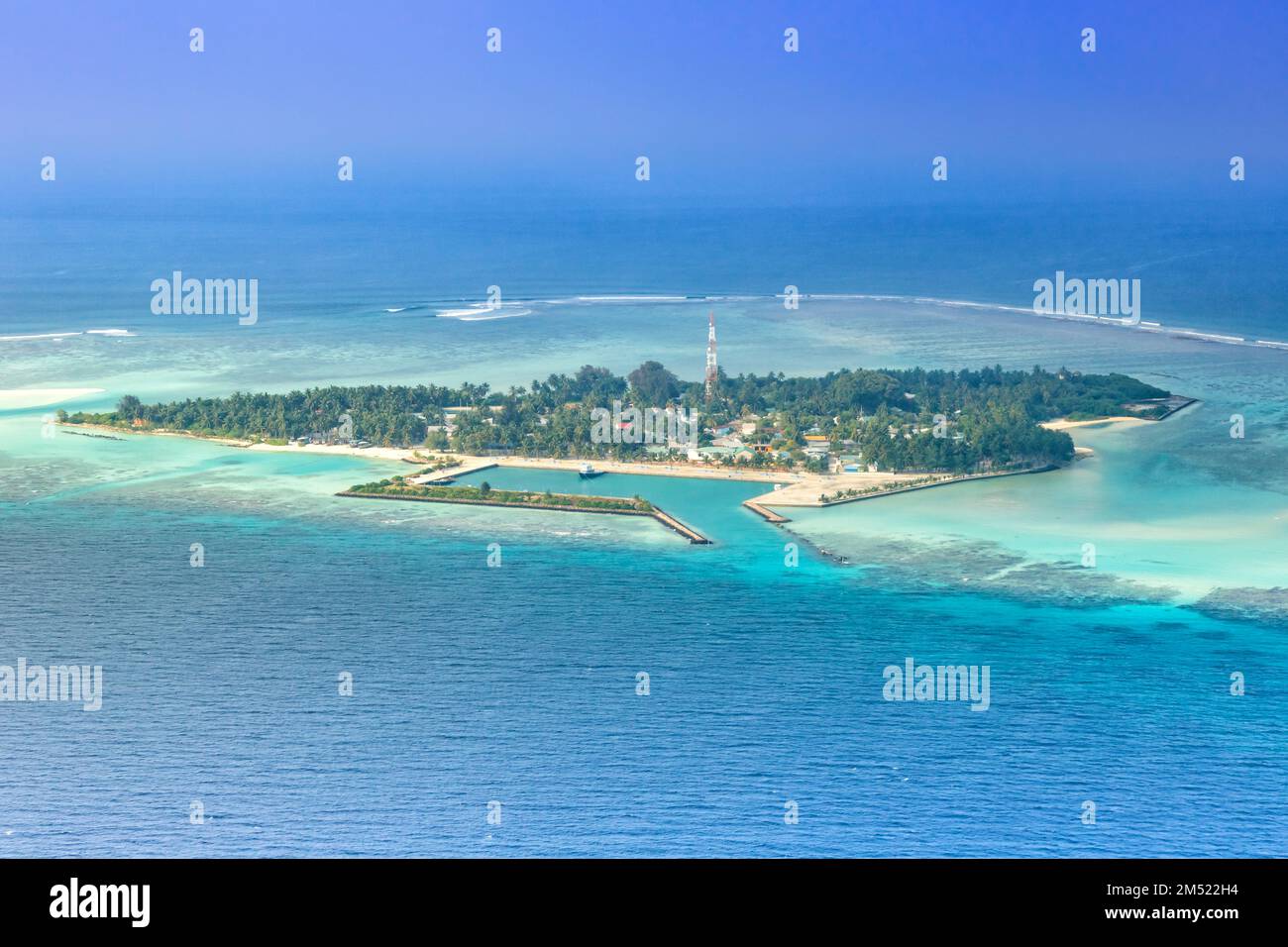 Maldives islands vacation paradise Mathiveri Island sea Ari Atoll aerial photo tourism Stock Photo