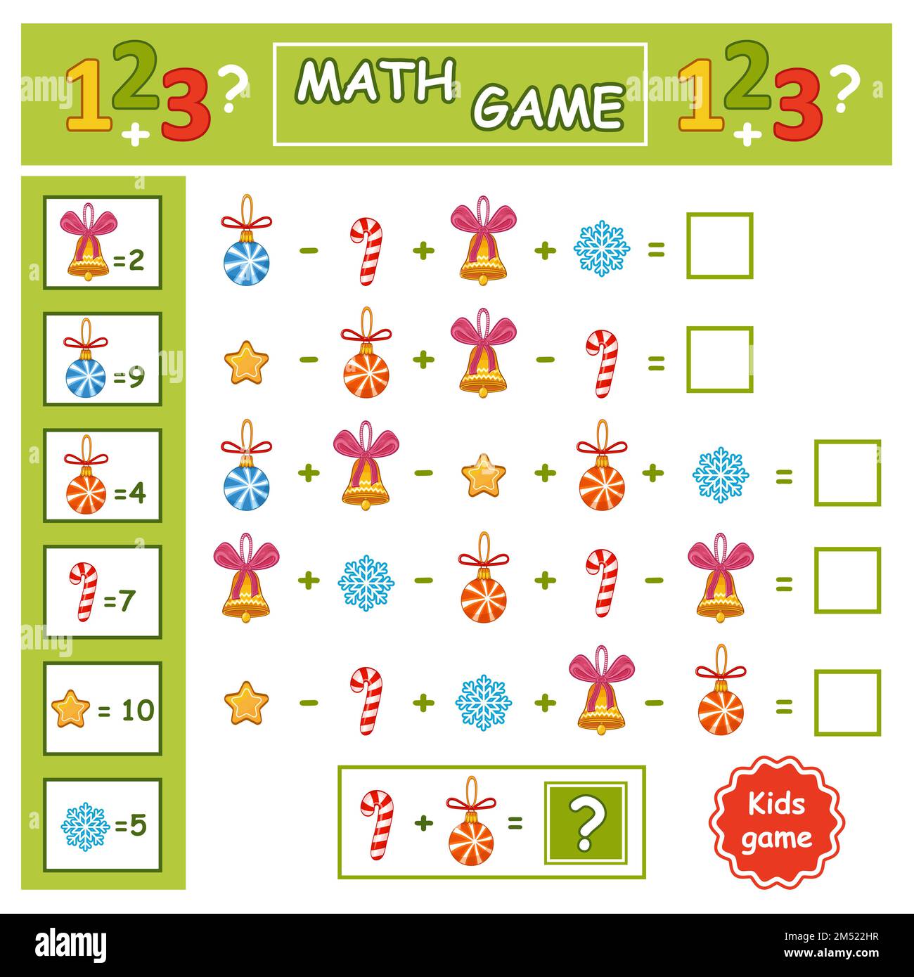 Math Christmas education children game. How many count New Year tree ball toys. Kid logical puzzle, mathematic learn task. Arithmetic book page vector Stock Vector
