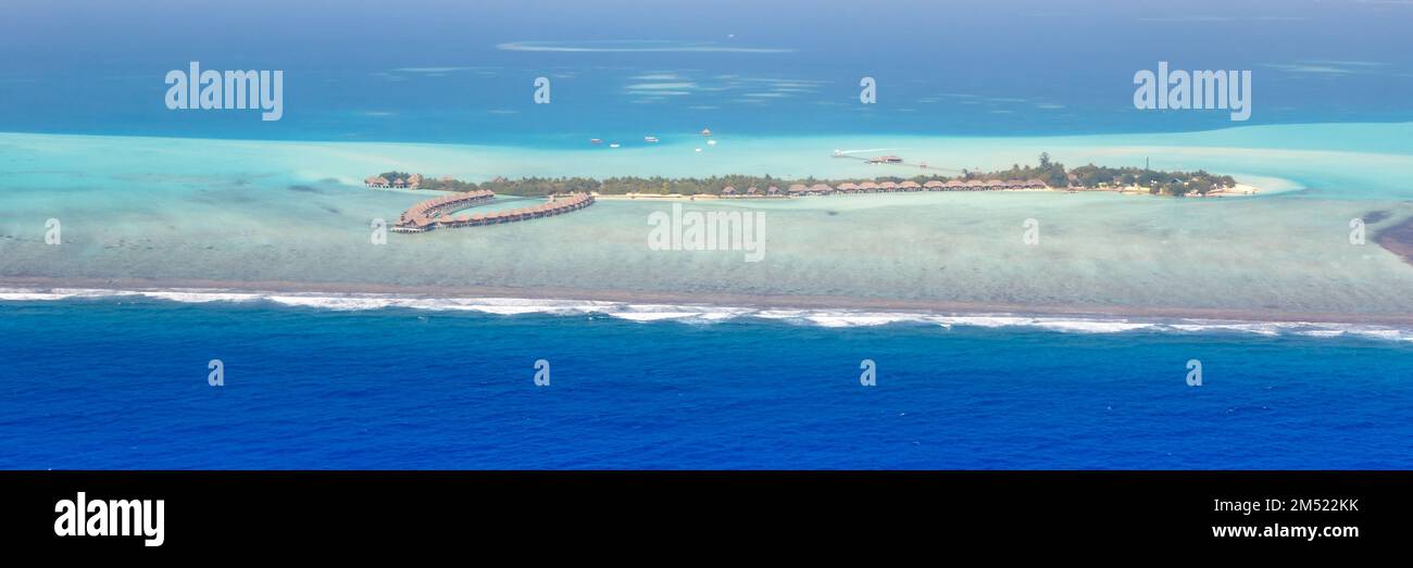 Maldives vacation paradise sea panoramic view Emboodhu Finolhu island Resort aerial photo tourism Stock Photo