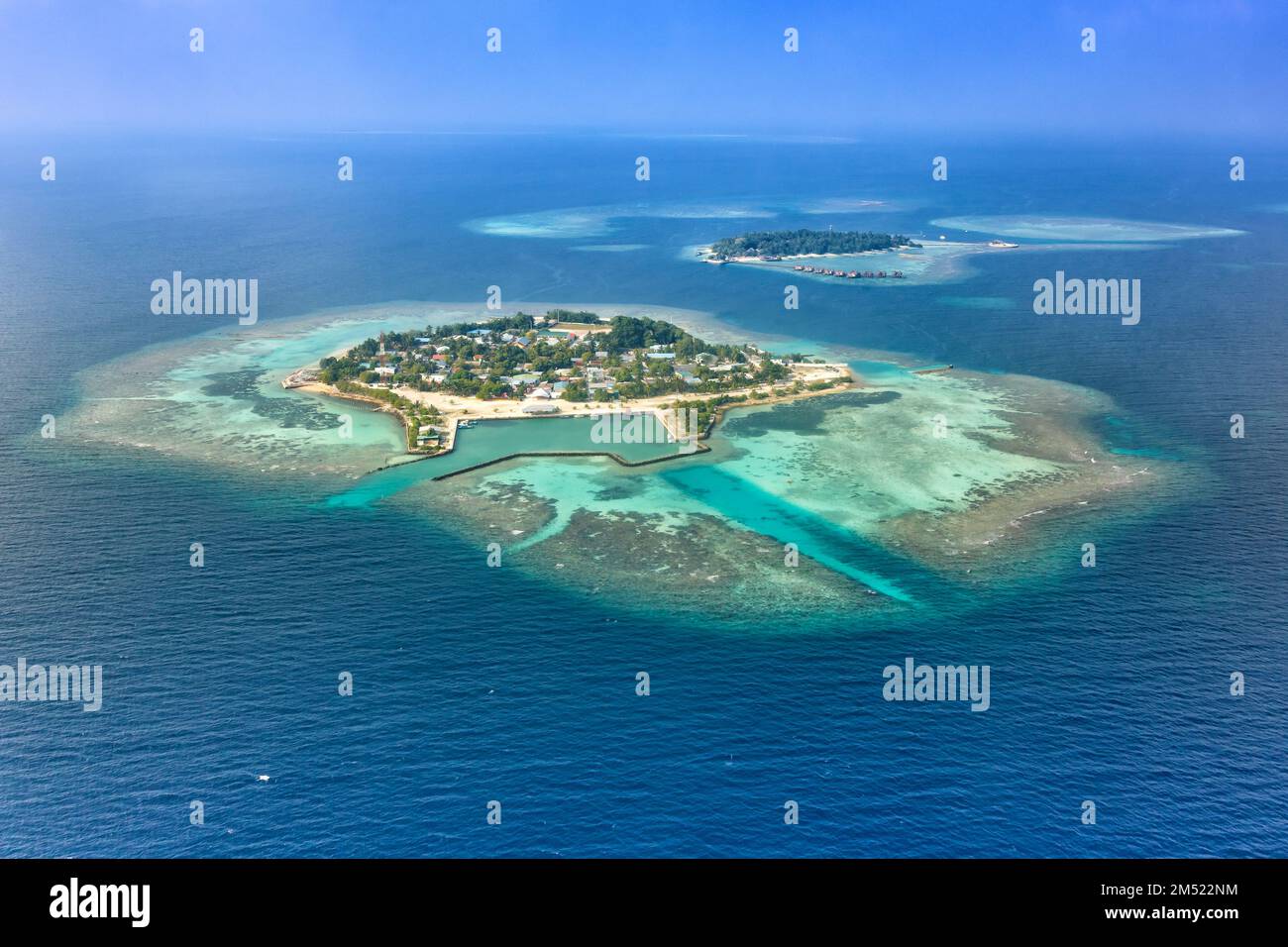 Maldives islands vacation paradise Bodufolhudhoo and Nika Island copyspace copy space sea Ari Atoll aerial photo tourism Stock Photo