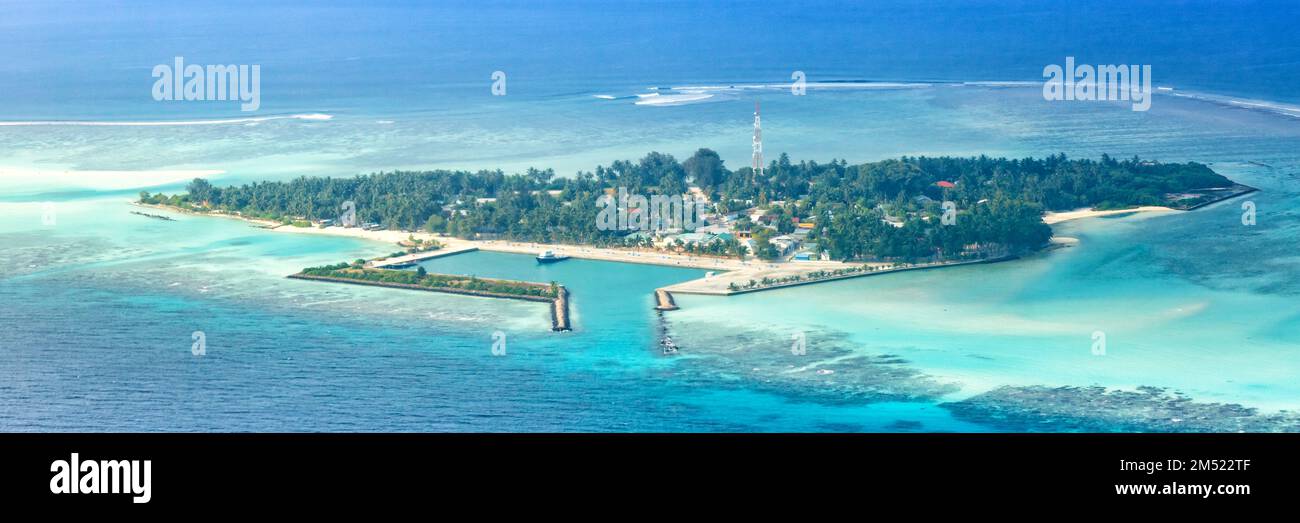 Maldives islands vacation paradise Mathiveri Island panoramic view sea Ari Atoll aerial photo tourism Stock Photo