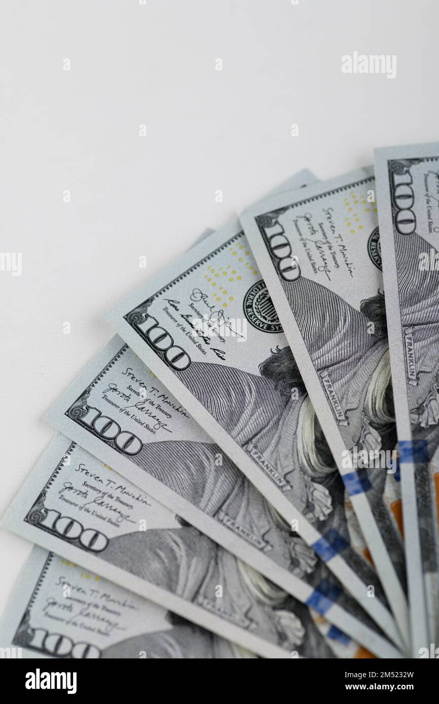 Close up shot of hundred dollar bills Stock Photo