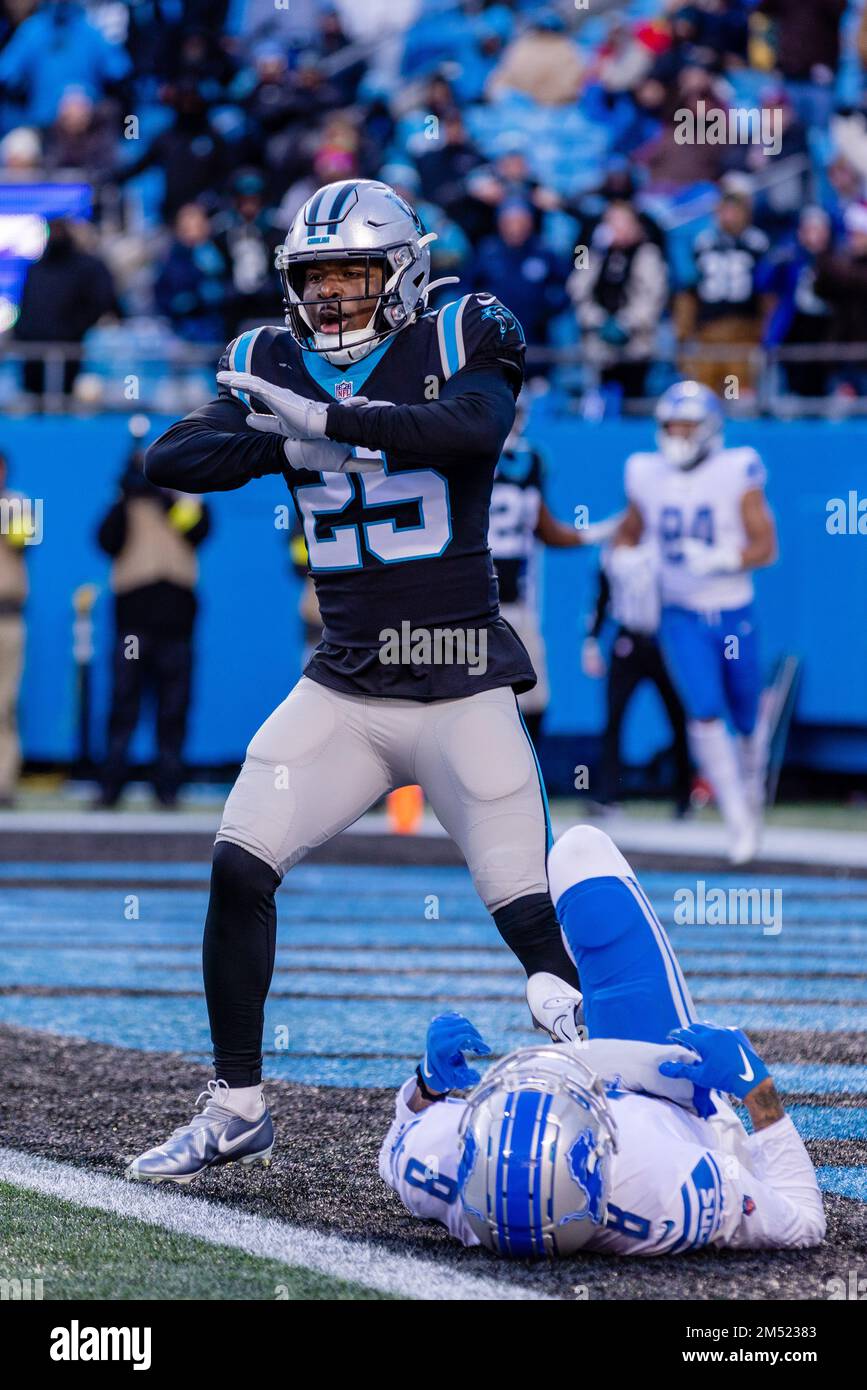 Charlotte, NC, USA. 24th Dec, 2022. Carolina Panthers safety Xavier Woods  (25) celebrates after breaking up a touchdown catch by Detroit Lions wide  receiver Josh Reynolds (8) during the second half of