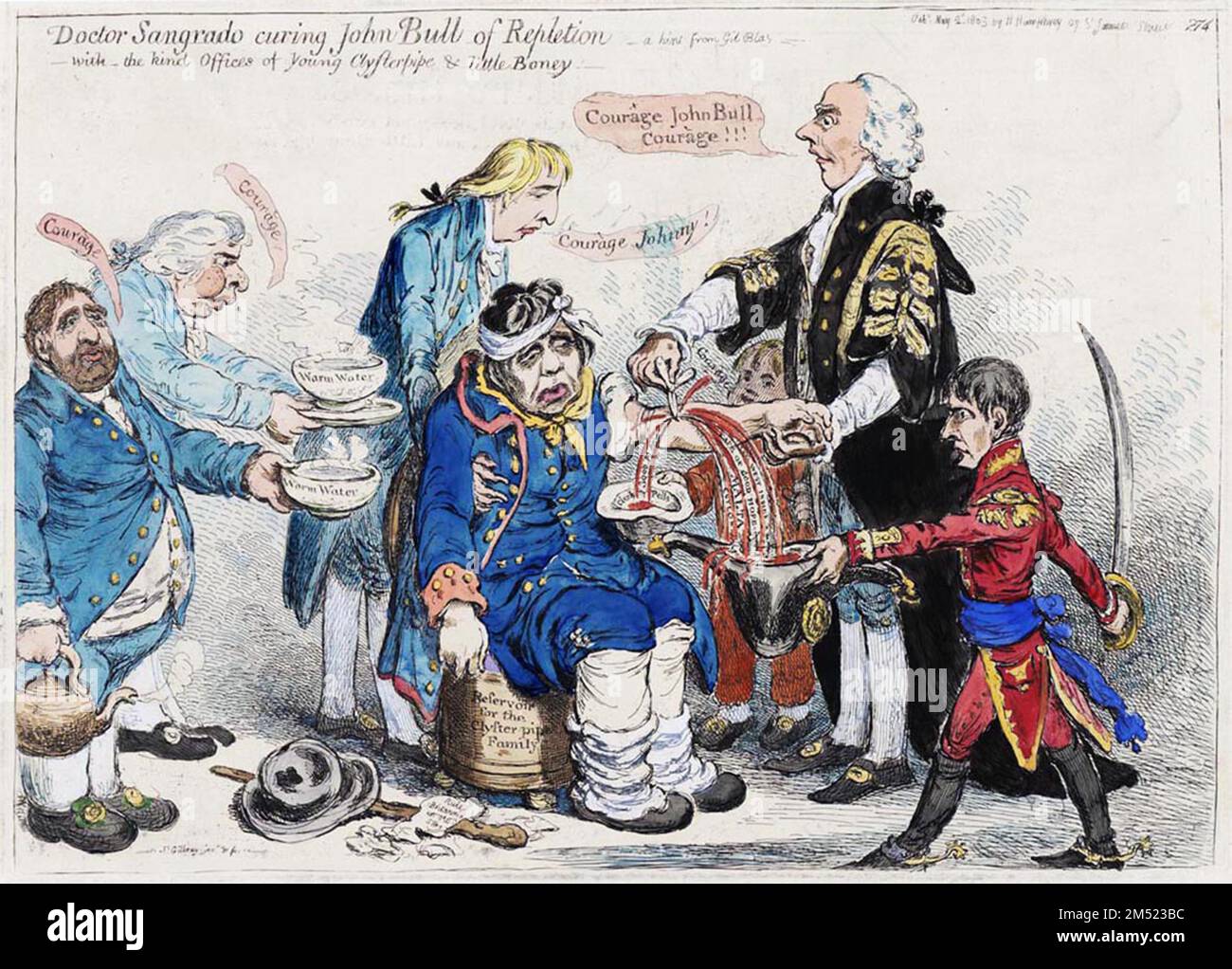 Coloured etching of, Henry Addington, Britain's Prime Minister 1801-1804, bleeding John Bull (Great Britain). Addington, the son of a physician, was known as 'The Doctor.' The artist,Gillray, compares the effectiveness of Addington's policies to that of bleeding a patient. To the side stands the enemy, Napoleon, ready to benefit from a weakened Great Britain. Published 1803. Stock Photo