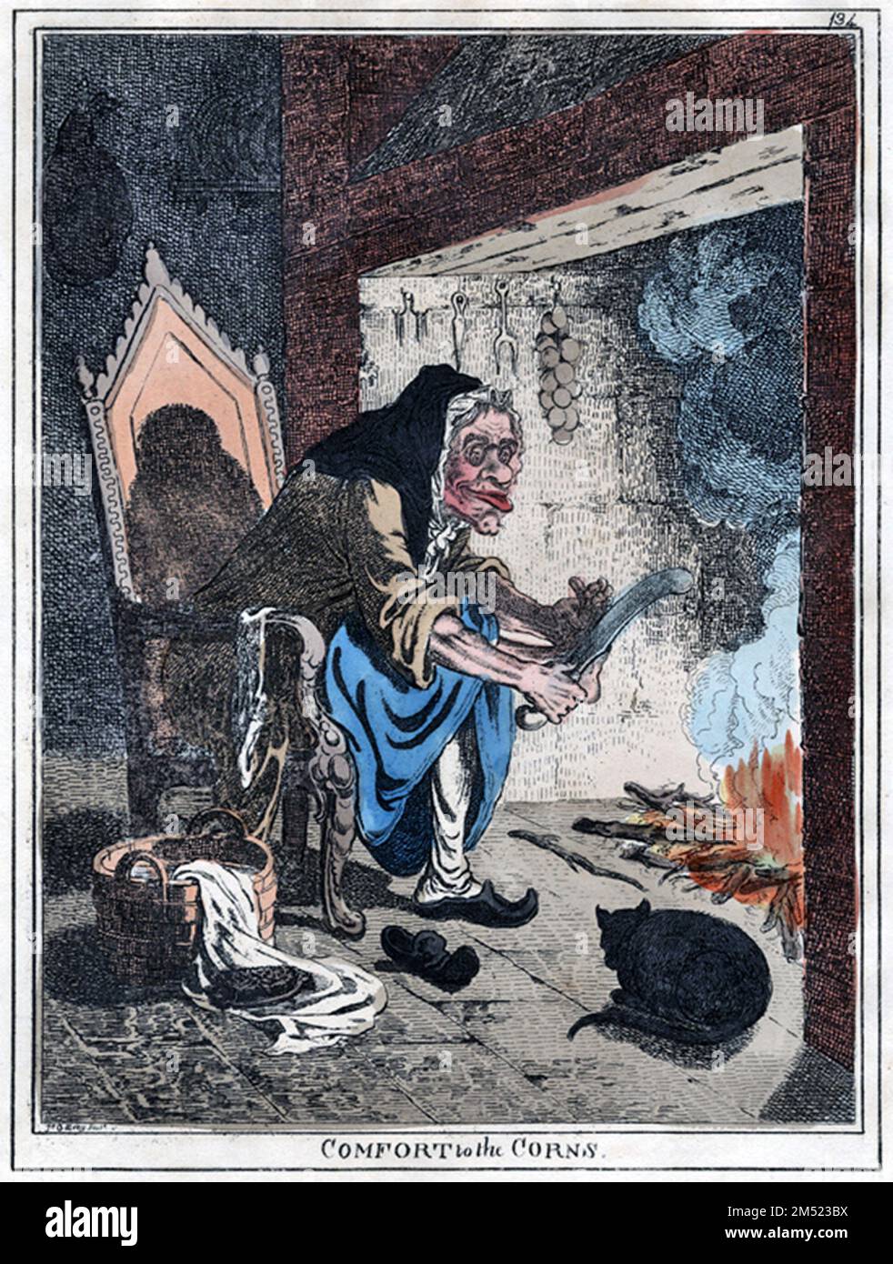 James Gillray, true to the form of caricature, exaggerates the size of the woman's features and the knife she uses to rid herself of corns. Published 1800 Stock Photo