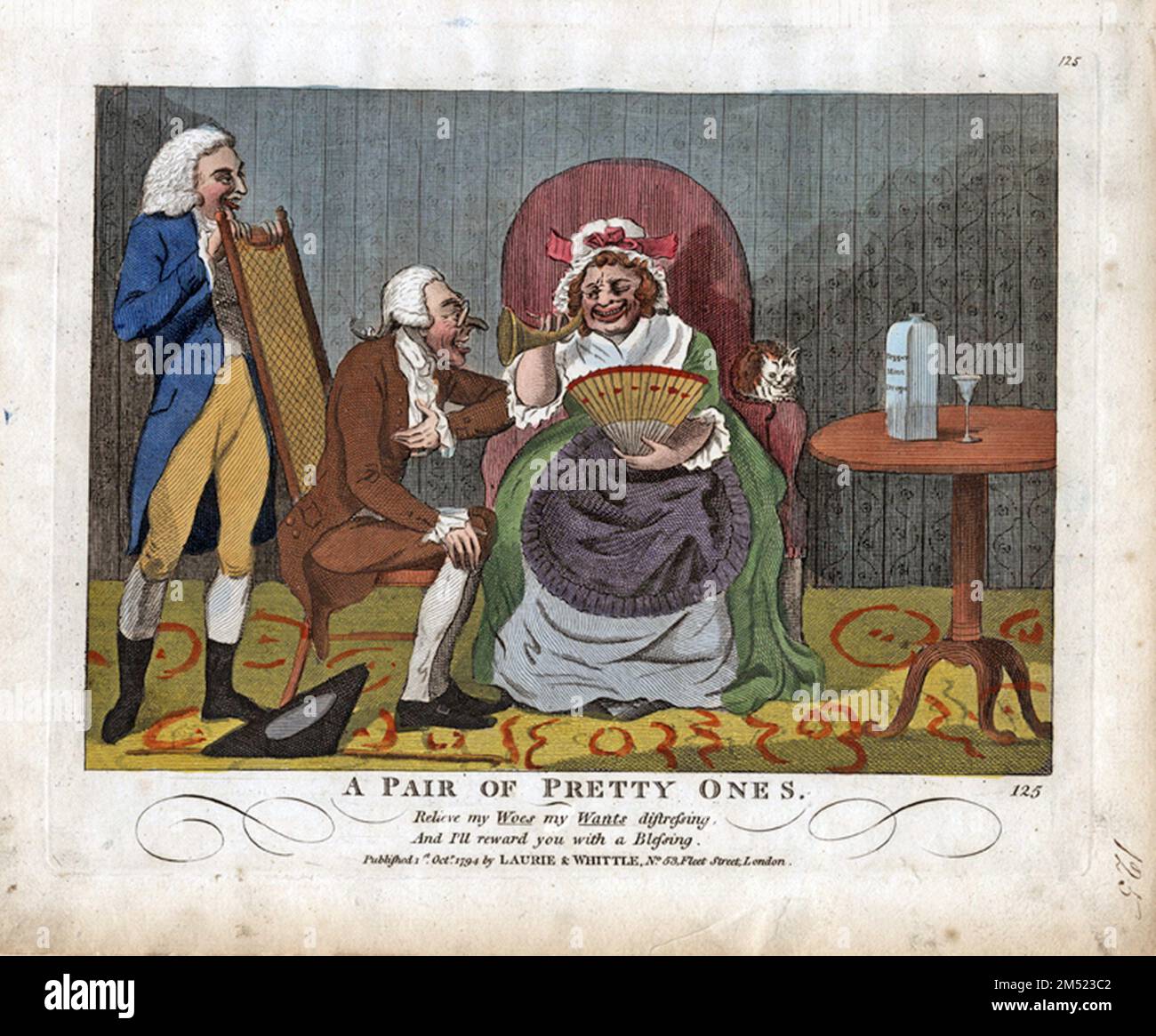 Etching of an old woman with two physicians, entitled A Pair of Pretty Ones, by an anonymous artist. Published 1794. The caption reads: Relieve my woes my wants distressing, and I'll reward you with a Blessing. Stock Photo