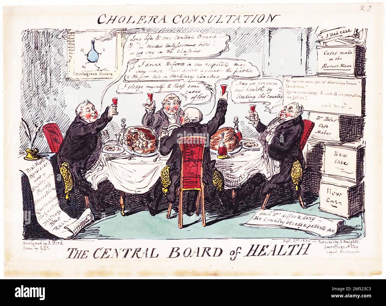The artist George Cruikshank comments on the corruption and uselessness of public health officials in this satire from 1832. In the early nineteenth century cholera epidemics were common. The disease struck its victims rapidly and spread fear amongst the populace. Medical science was ineffective against cholera until John Snow's discovery of its contagion through contaminated water in 1848. Stock Photo