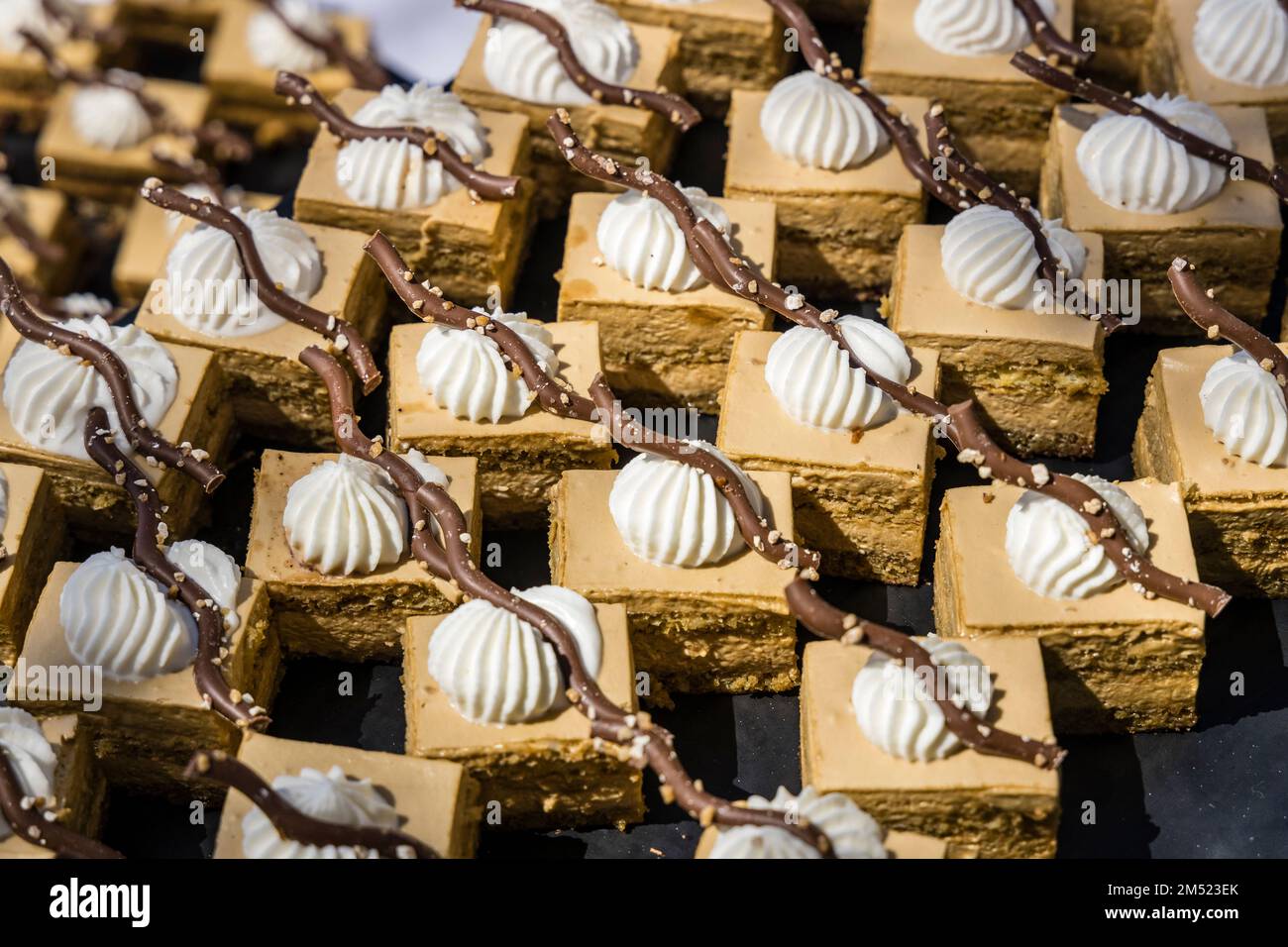 A large tray of fancy sweet desserts served in an outdoor buffet. Stock Photo