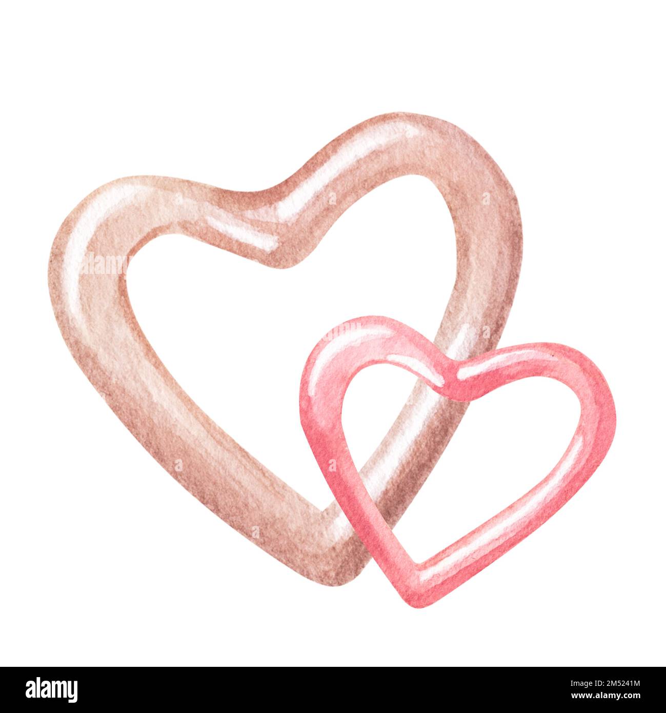 Two hearts pink and beige, glossy and voluminous. Hand drawn watercolor ...