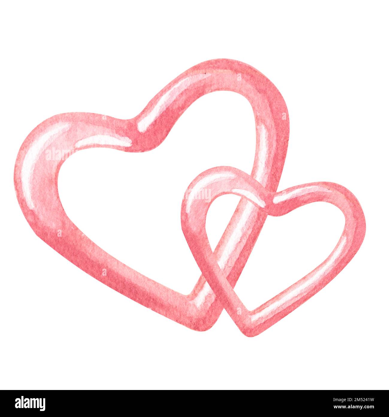 Two pink hearts together, glossy and voluminous. Hand drawn watercolor ...