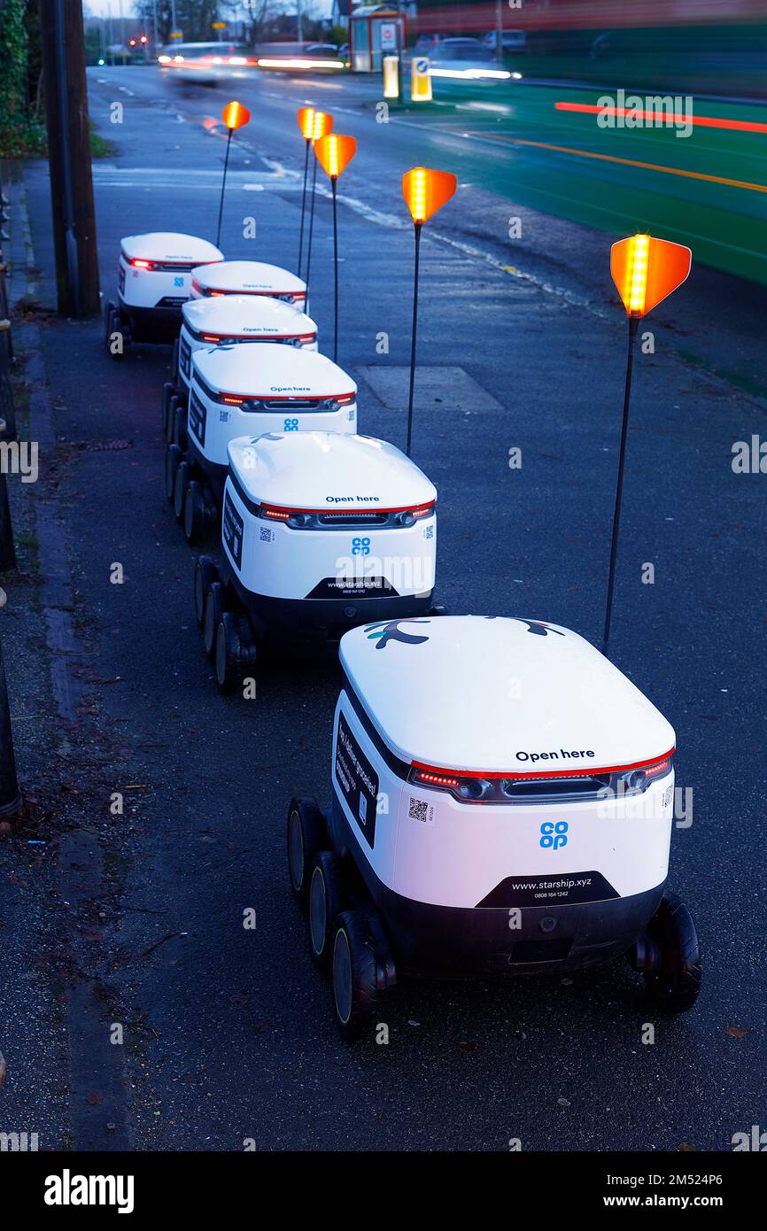 A line of autonomous robots await instructions before carrying out