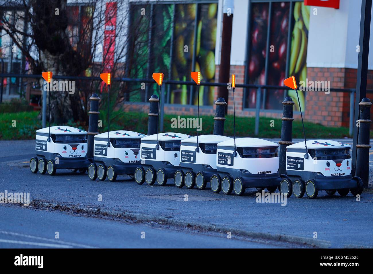 A line of autonomous robots await instructions before carrying out