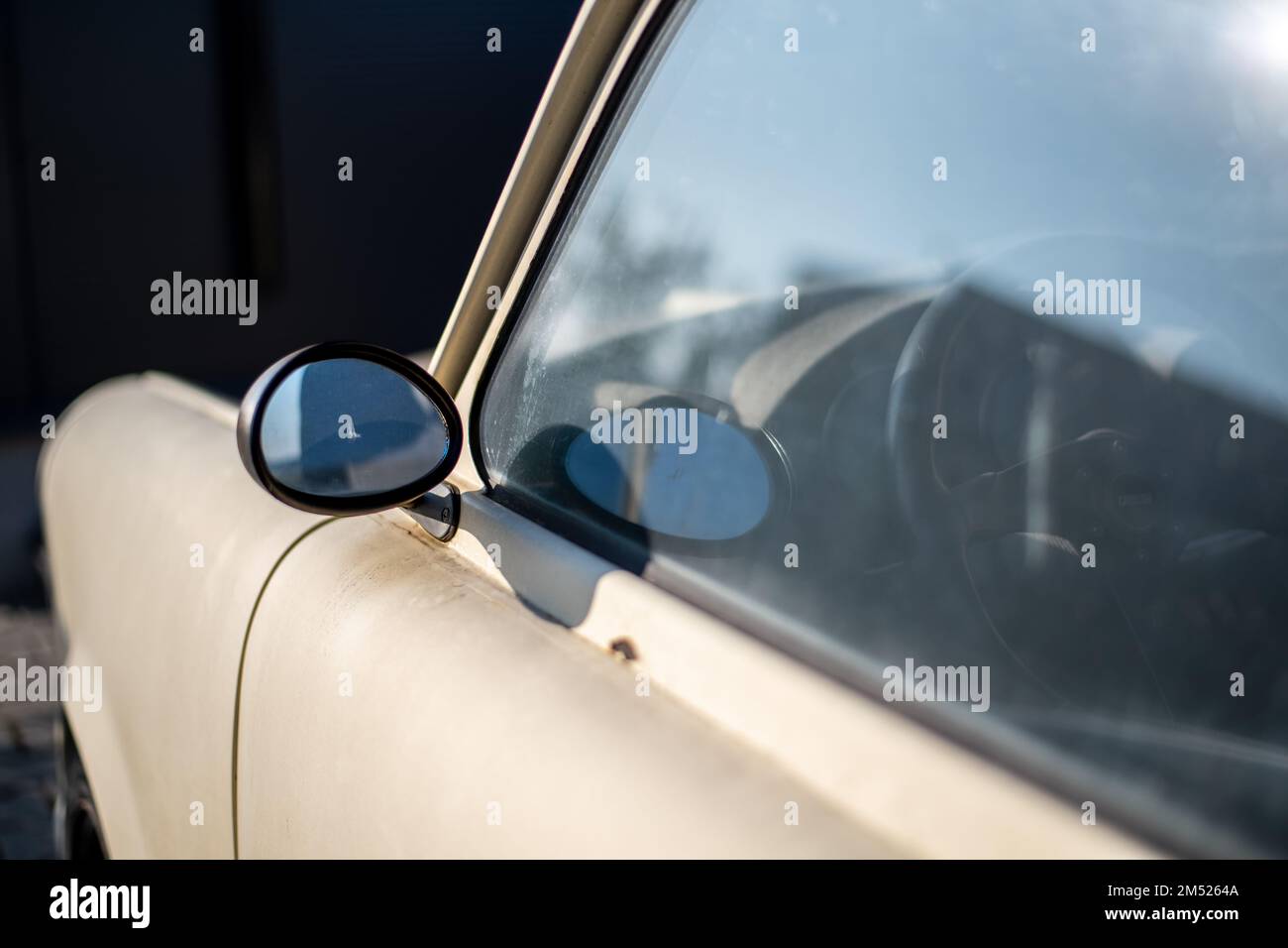 Legendary Trabant Car.Left on side-view mirror of a Trabant car. Stock Photo