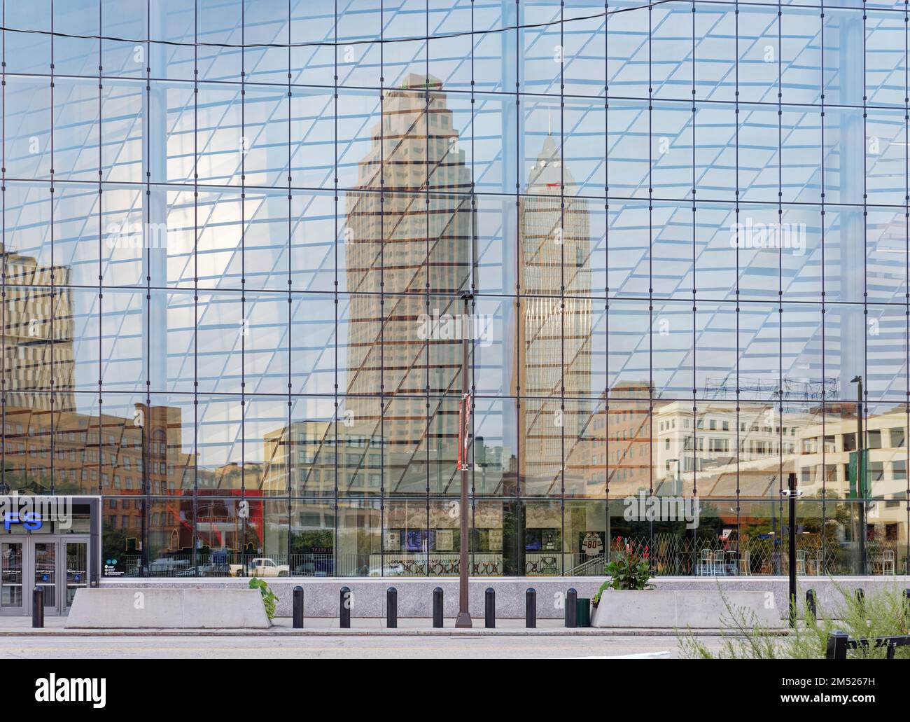 Rocket Mortgage FieldHouse sports and concert arena reflects the heart of downtown Cleveland with its new (2020) curtain walls. Stock Photo