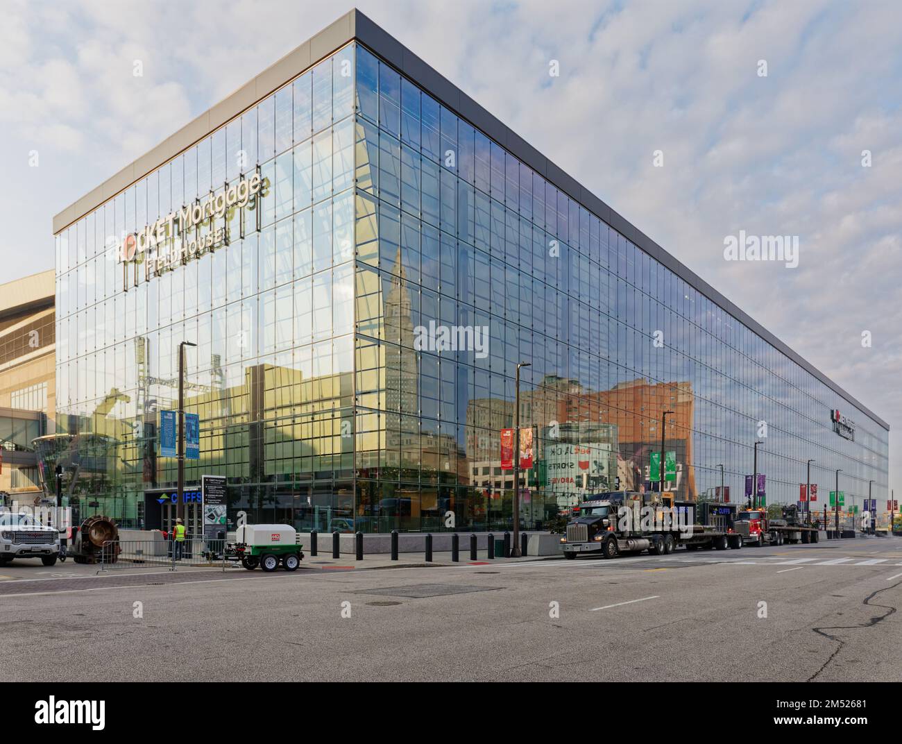 Rocket Mortgage FieldHouse sports and concert arena reflects the heart of downtown Cleveland with its new (2020) curtain walls. Stock Photo